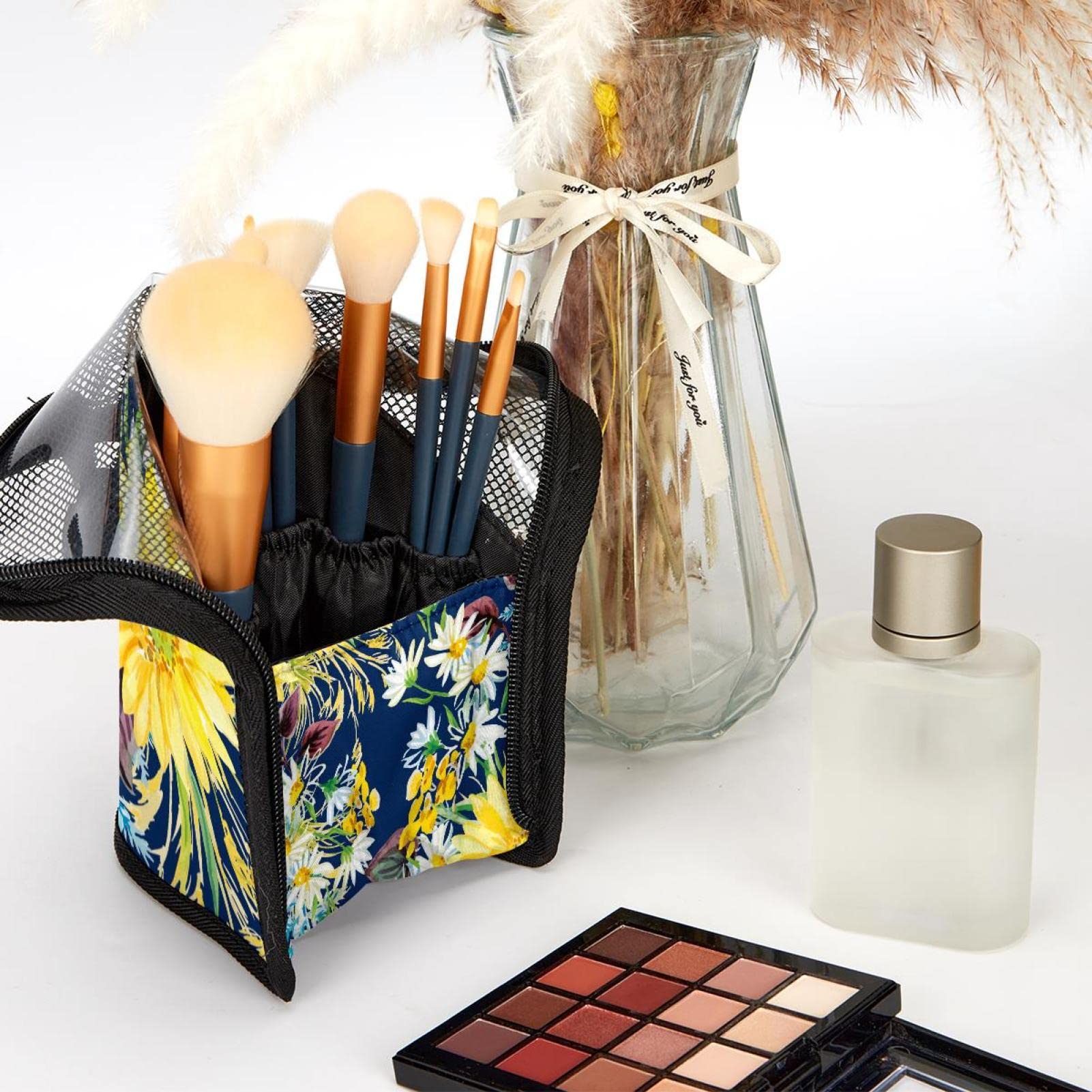 12-Piece Makeup Brush Organizer Bag with Flower Watercolor Daisy Design - Portable Cosmetic Brush Holder Case for Travel & Home Storage