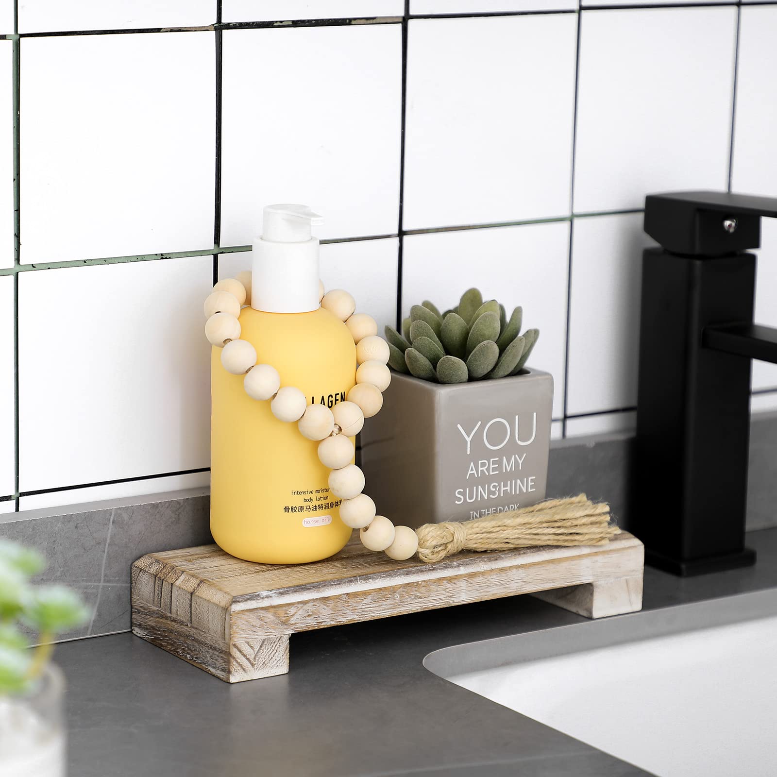 Kathfly 2-Pack Wooden Soap Holder Stand with Wood Bead Garland - Rustic Soap Tray for Kitchen Sink, Bathroom Countertop - Perfect for Organizing Bottles, Plants, Candles, Guest Towels & Jewelry Decor | Farmhouse & Boho Home Decor Accessories