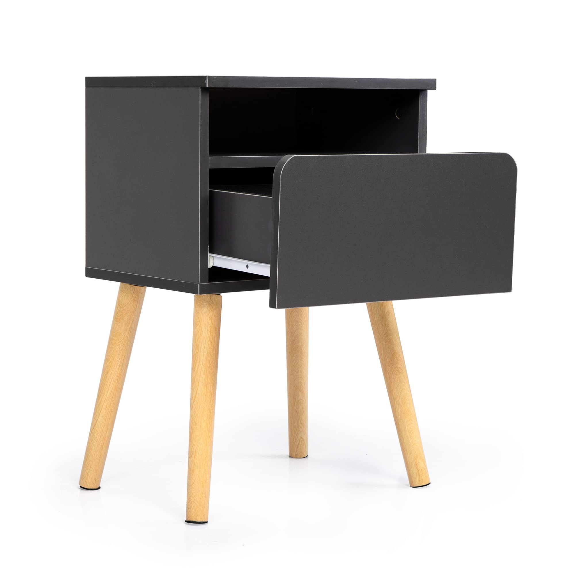 VERYKE Set of 2 Modern Wooden Nightstands - Bedside End Tables with Drawer & Open Shelf, Solid Wood Legs Accent Tables for Bedroom, Living Room & Office (Grey) - Perfect for Storing Books, Lamps & Bedroom Essentials