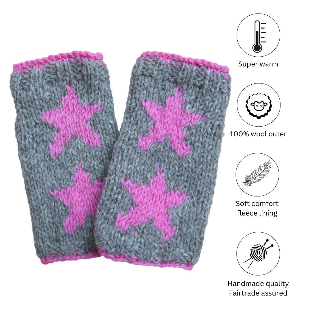 Pachamama Women's Wool Wrist Warmers - Fleece Lined Hand Knitted Star Design - One Size Fits Most - Extra Warm Fair Trade Gloves for Winter, Outdoor Activities & Cold Weather Fashion