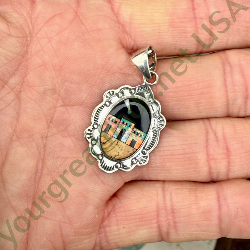 Handmade Sterling Silver Opal Jasper & Jet Inlay Pueblo Landscape Pendant Necklace - Southwest Style Jewelry for Women, Perfect for Boho Fashion & Gift Giving