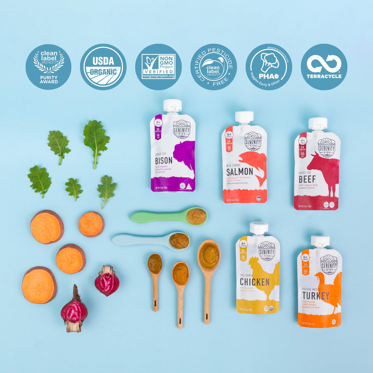 Serenity Kids Organic Baby Food Pouches - 6+ Months, Free Range Chicken with Peas & Carrots - 3.5oz BPA-Free Puree (12 Pack) | Ethically Sourced Meat & Vegetables | Perfect for On-the-Go Feeding, Daycare & Travel Snacks