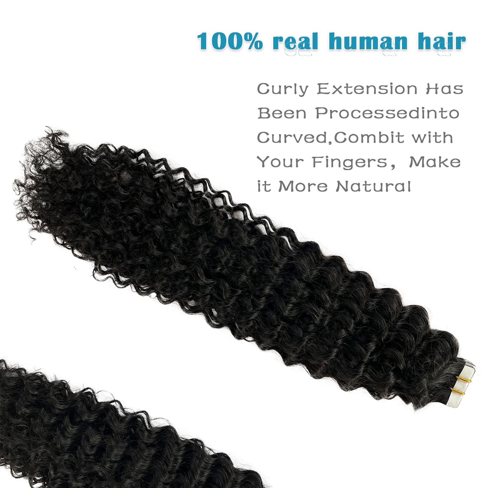 Munx 22inch Black Tape in Hair Extensions - 50g 20pcs Natural Curly Human Hair Weft - Remy Quality Black Wave Hair Extensions for Length & Volume - Perfect for Parties, Weddings & Daily Styling