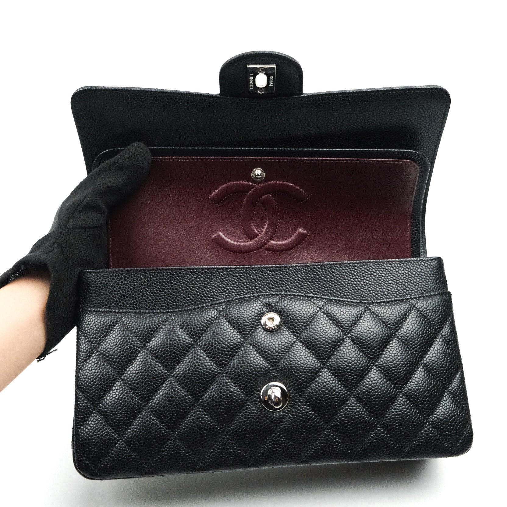Chanel Classic M/L Medium Double Flap Bag Black Caviar Leather with Silver Hardware - Luxury Designer Handbag for Women, Perfect for Work, Evening Events & Special Occasions