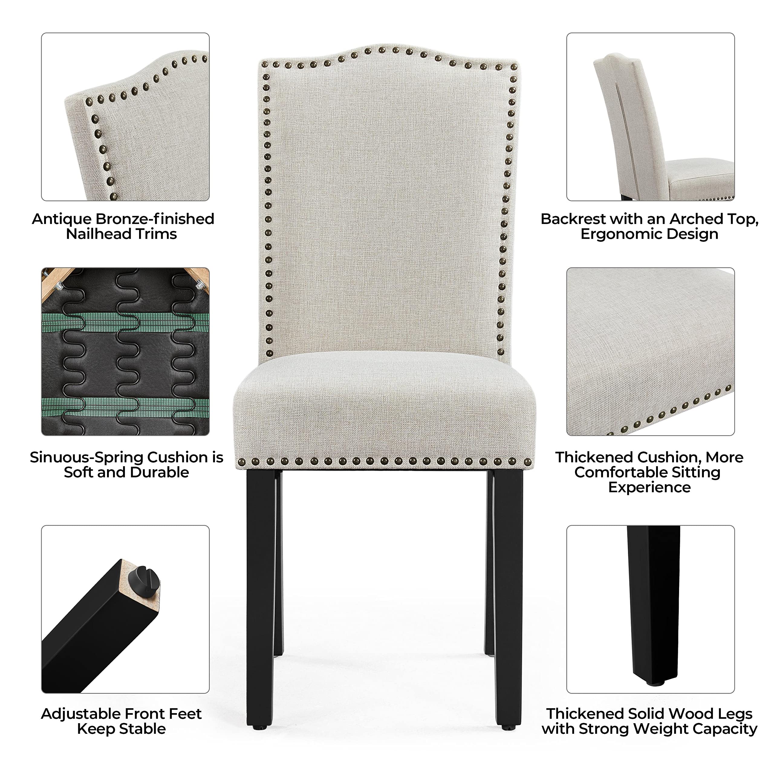 Topeakmart High Back Padded Dining Chairs with Wood Legs - Classic Fabric Upholstered Chairs for Home, Restaurant & Office - Set of 6 Beige Chairs for Dining Room, Living Room & Kitchen
