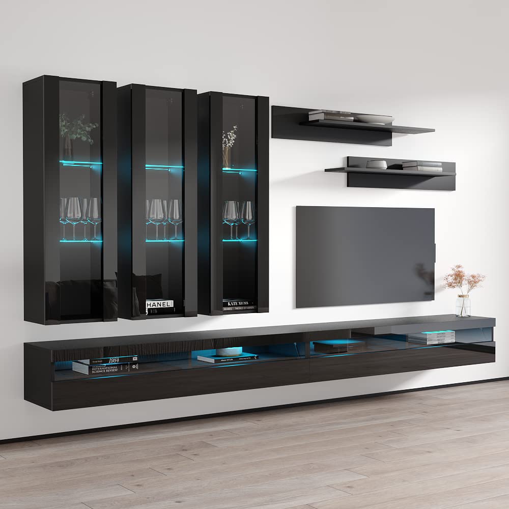 Modern Floating TV Stand with Storage & LED Lights - Wall-Mounted Entertainment Center for Bedroom & Living Room - Black E3 35TV Console with Shelves - Perfect for Small Spaces & Home Theater Setup