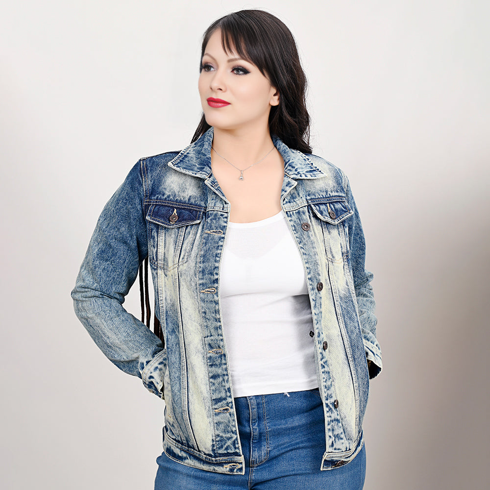 Genuine Leather Hand-Tooled Denim Jacket for Women - 100% Cotton Hand-Carved Western Style Jacket - Perfect for Casual Outfits, Country Music Festivals & Boho Fashion