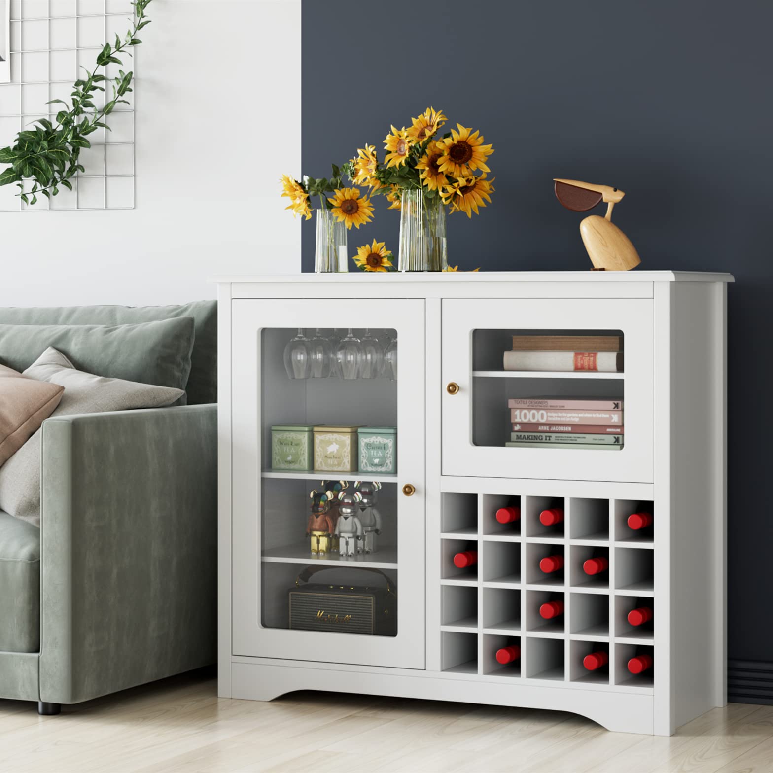 White Wine Storage Cabinet with Adjustable Shelves - Buffet Sideboard Server & Coffee Bar Cabinet for Liquor, Glasses & Kitchen Essentials - Perfect for Dining Room, Living Room & Home Entertaining