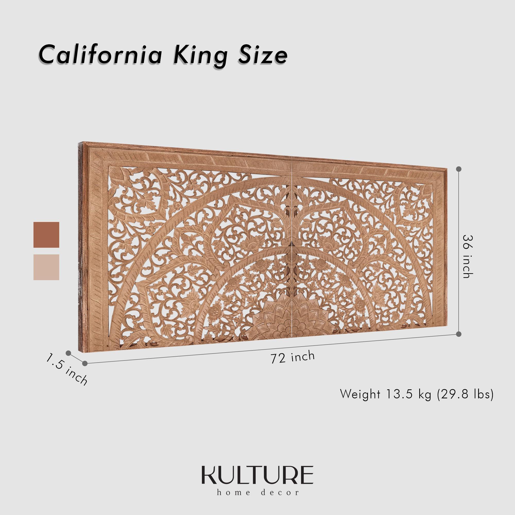 King Wood Headboard - Hand Carved Full Size Wall Mounted Headboard Panel for Bedroom Decor - Natural Finish for Cal King & Queen Beds - Perfect for Modern Farmhouse & Luxury Bedroom Designs