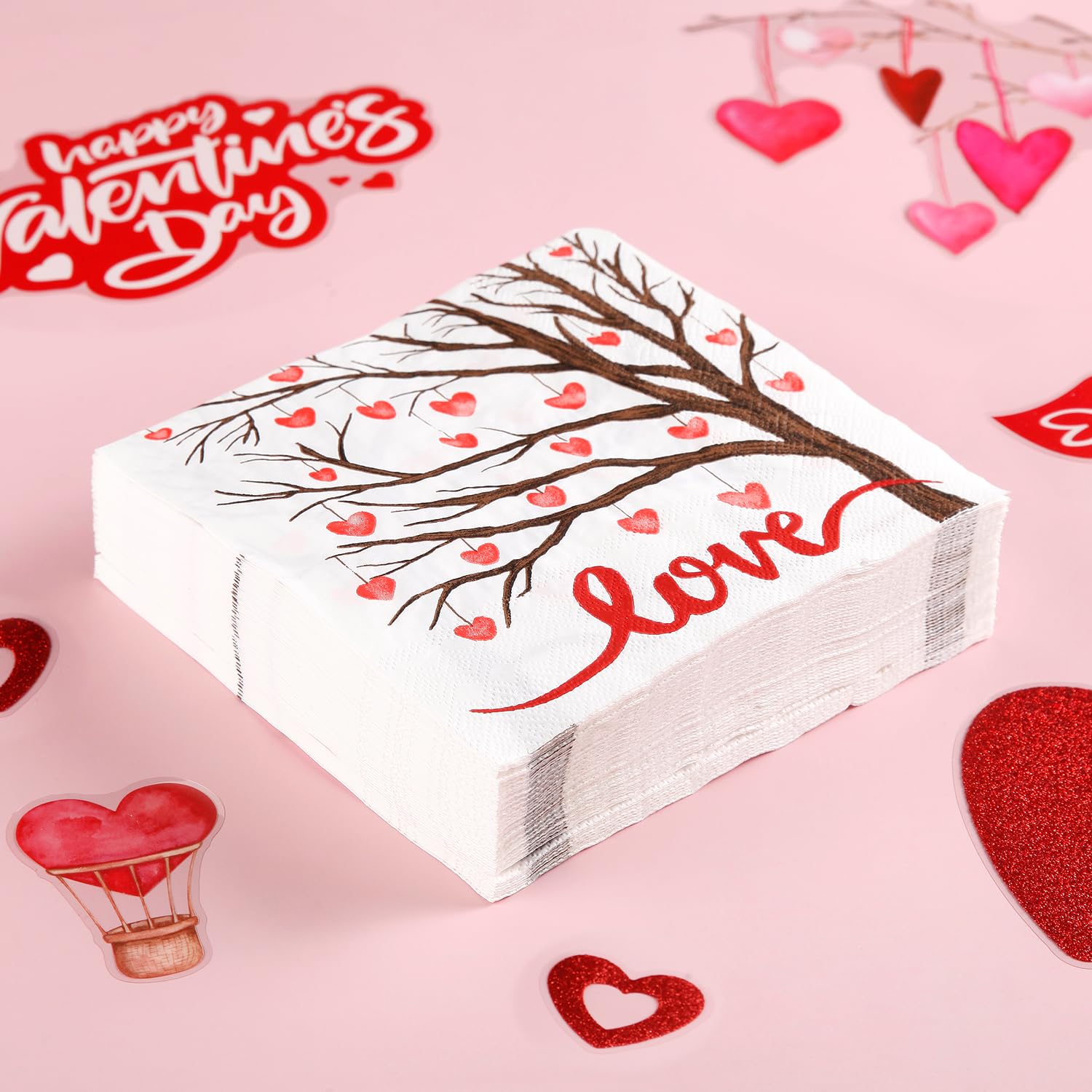 50 Pack Heart Disposable Paper Napkins - Decorative Guest & Beverage Napkins for Valentine's Day, Cocktail Parties, Weddings & Romantic Events - Quera Love Heart Tree Design Party Supplies