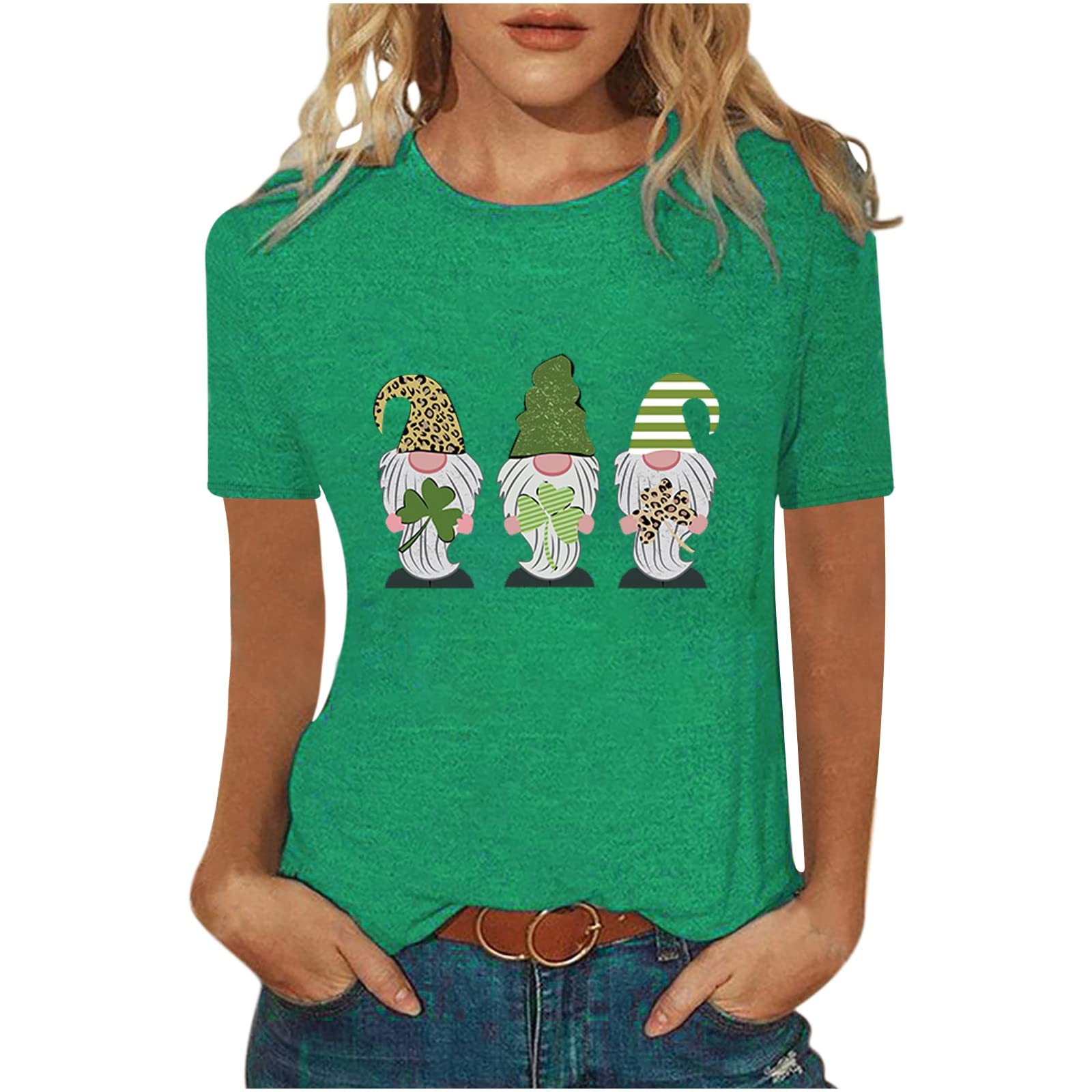 St. Patrick's Day Women's T-Shirt - Cute Gnome Graphic Print Short Sleeve Top for Mom | Perfect for Irish Festivals, Holiday Parties & Casual Wear