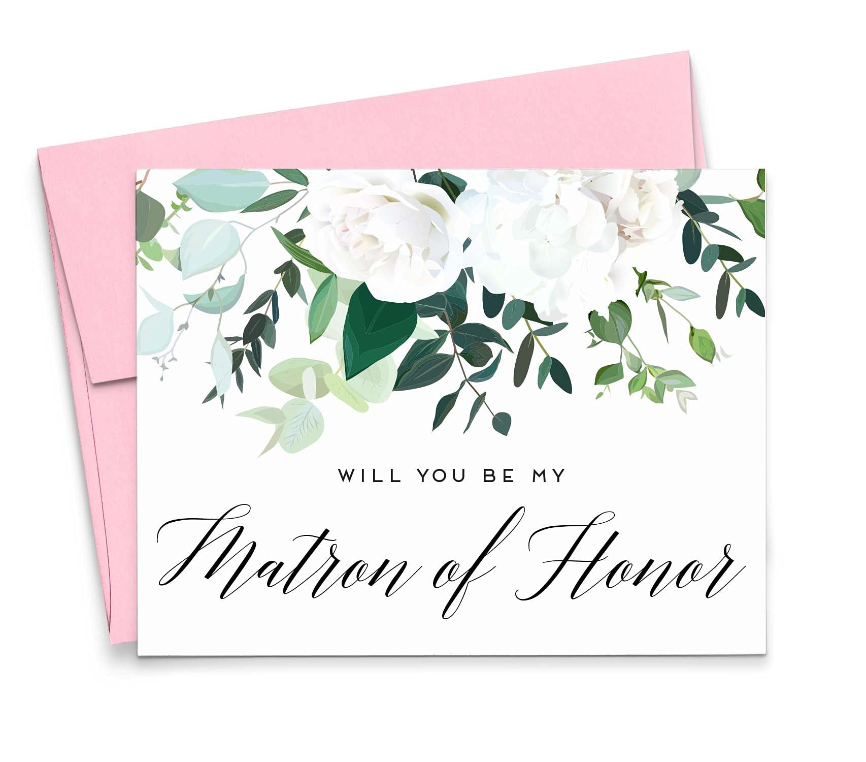 Elegant White Floral Matron of Honor Proposal Card - Modern Bridal Party Ask Card, Custom Quantity & Envelope Color - Perfect for Wedding Party Invitations & Bridesmaid Proposals