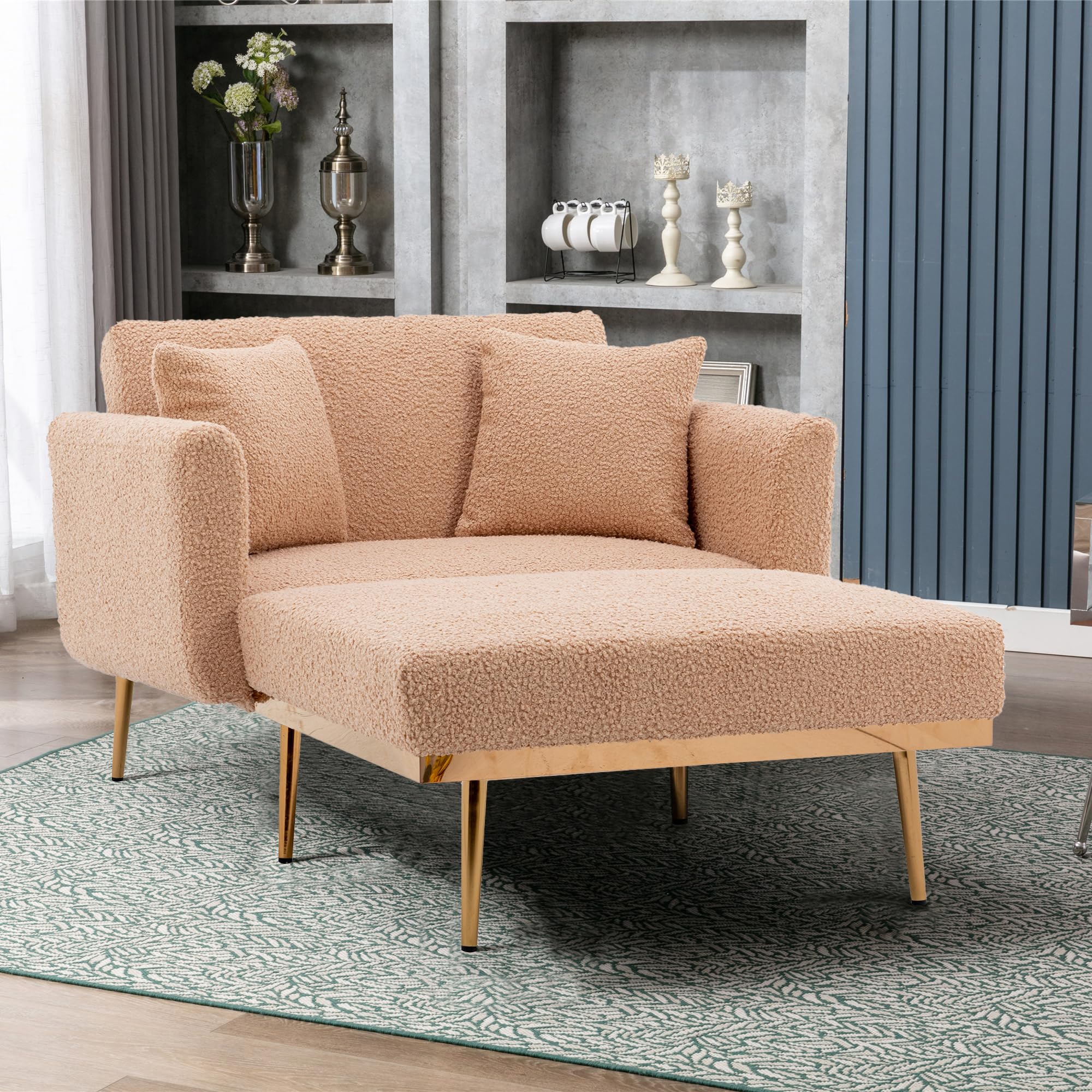 3-in-1 Convertible Futon Chair Bed with Ottoman - Modern Recliner Chaise Lounge & Sleeper Sofa for Living Room, Bedroom & Reading Nook - Includes 2 Pillows (Camel Teddy Boucle Fabric) - Perfect for Small Spaces, Guest Rooms & Apartments
