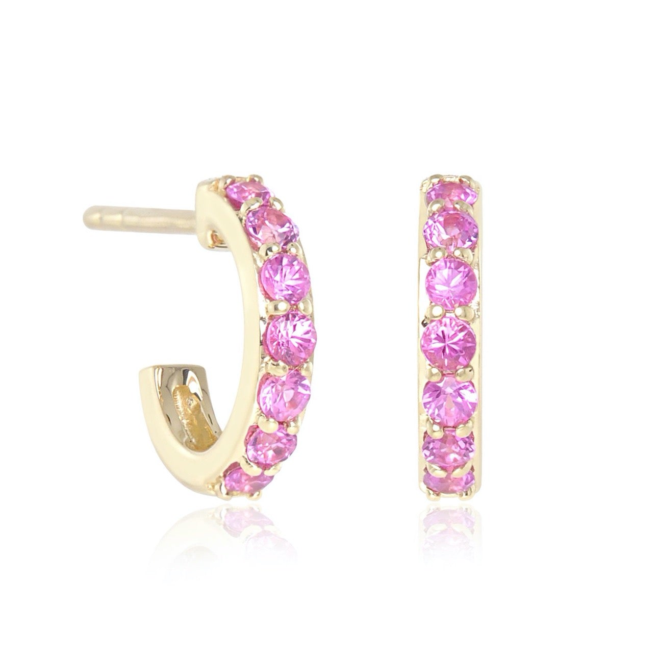 Pink Sapphire Huggie Hoop Earrings for Women - 14K Gold Plated Small Huggie Hoops - Minimalist Dainty Everyday Jewelry for Gifts, Date Night & Special Occasions