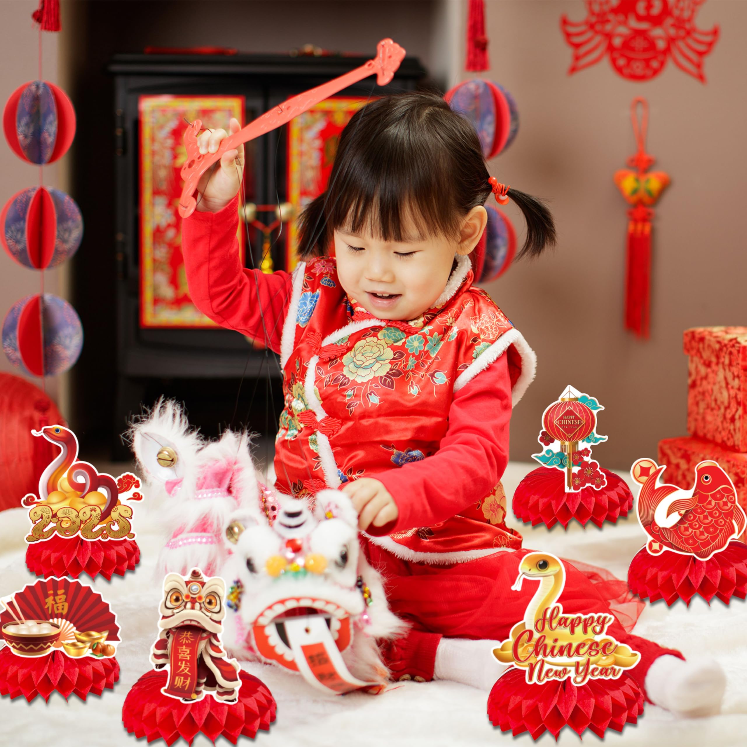 GREHUMOR 9Pcs Chinese Lunar New Year 2025 Honeycomb Paper Lantern Centerpieces - Red Table Decor for Snake Year Celebrations, Spring Festival Party Supplies | Perfect for Home, Office & Restaurant Decorations