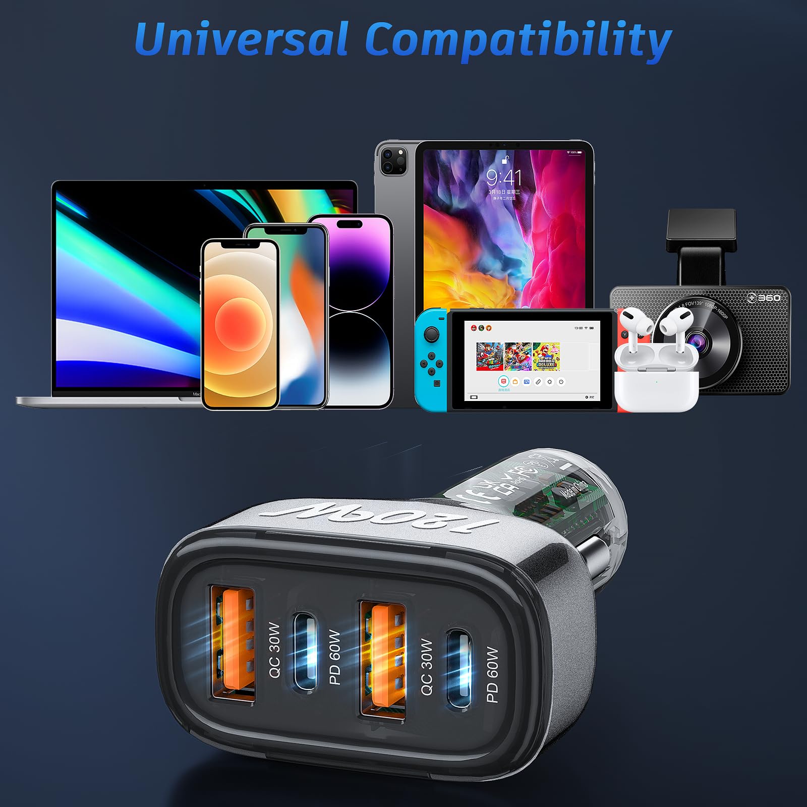 120W USB C Car Charger Fast Charging - SONRU 4 Port Cigarette Lighter Adapter with [2 PD 60W + 2 QC3.0 30W] for iPhone 16 Pro Max, Galaxy S23/S22, Google Pixel, LG, iPad Air - Perfect for Road Trips & Long Drives
