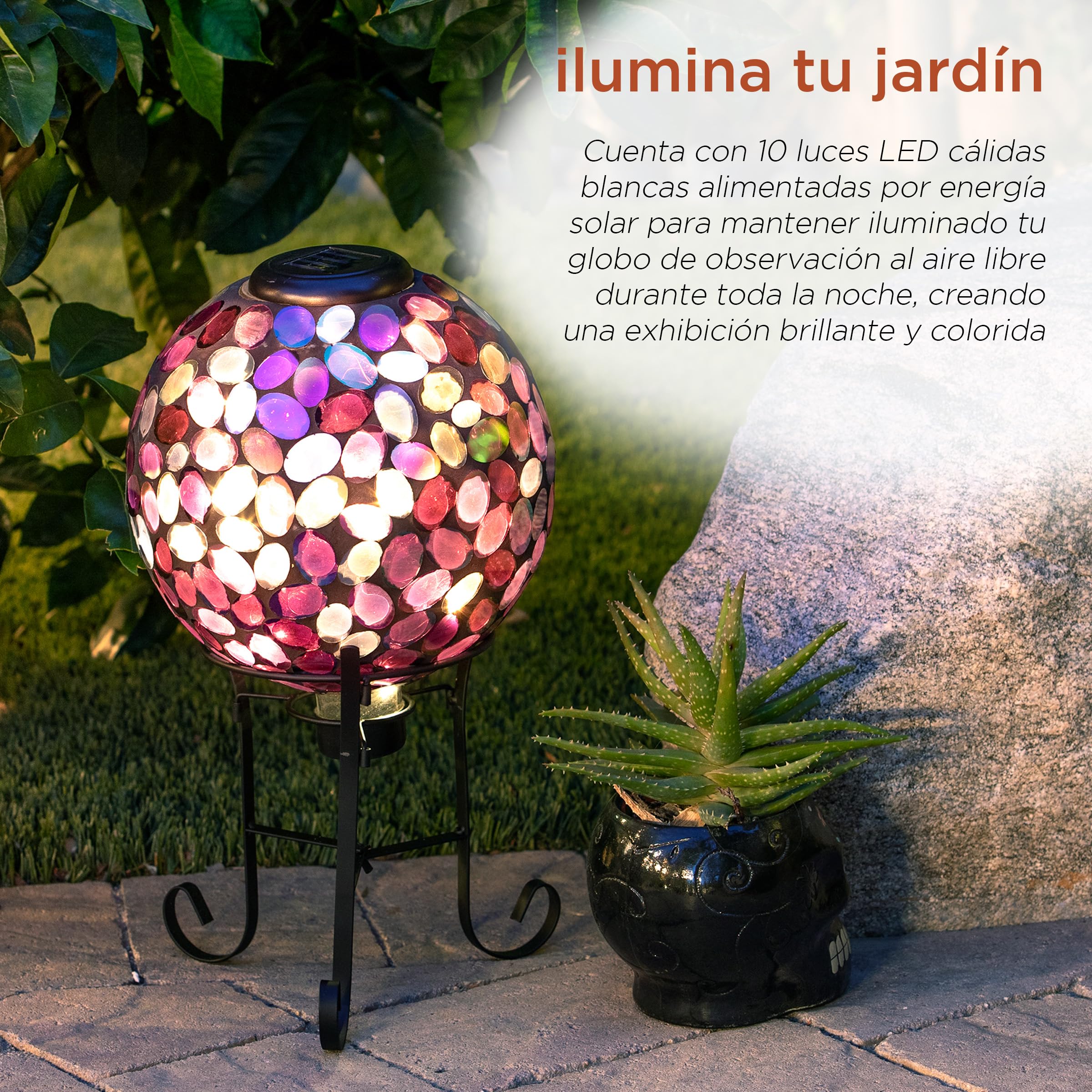 Alpine Corporation Solar-Powered Pink Glass Mosaic Gazing Globe with LED Lights & Metal Stand - Violet | Outdoor Garden Decor for Patio, Yard & Landscape Decoration