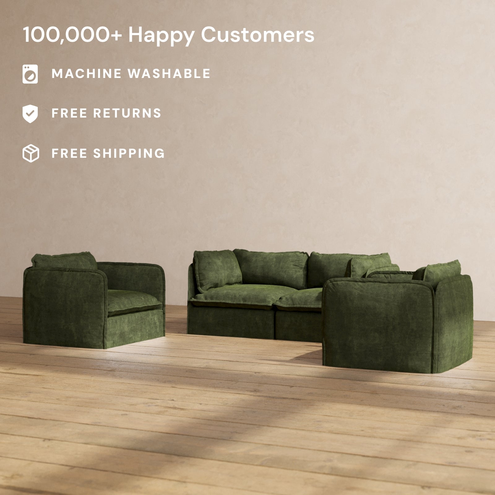 Modular Performance 2 Seater Sofa with Armchair Set in Olive Green | Modern Linen Blend Fabric | Perfect for Living Room, Lounge & Small Spaces