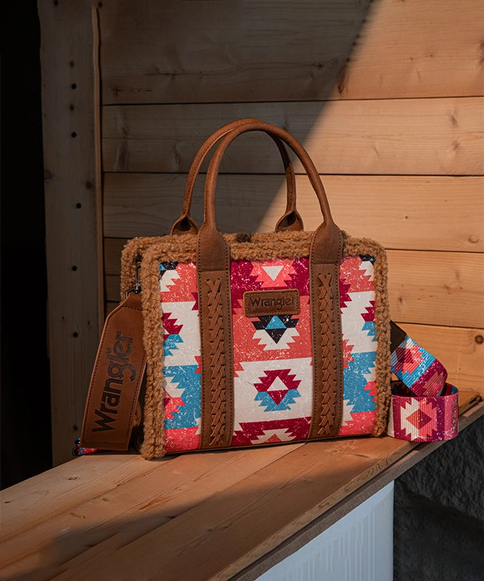 Wrangler Aztec Sherpa Trim Crossbody Purse Set for Women - Stylish Boho Shoulder Bag with Fringe Detail - Perfect for Casual Outings, Music Festivals & Travel Accessories