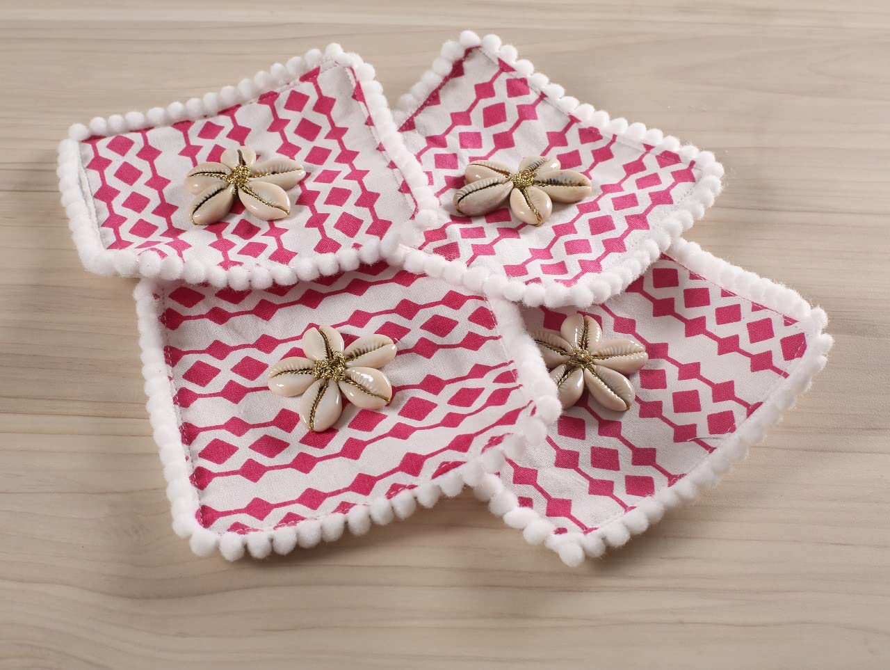 Handmade Cotton Drink Coasters Set of 6 - 5x5cm Square Absorbent Coasters for Coffee, Tea, Whiskey, Wine & Beer Glasses - Pink Bar & Tabletop Protectors for Home, Office & Restaurant Use