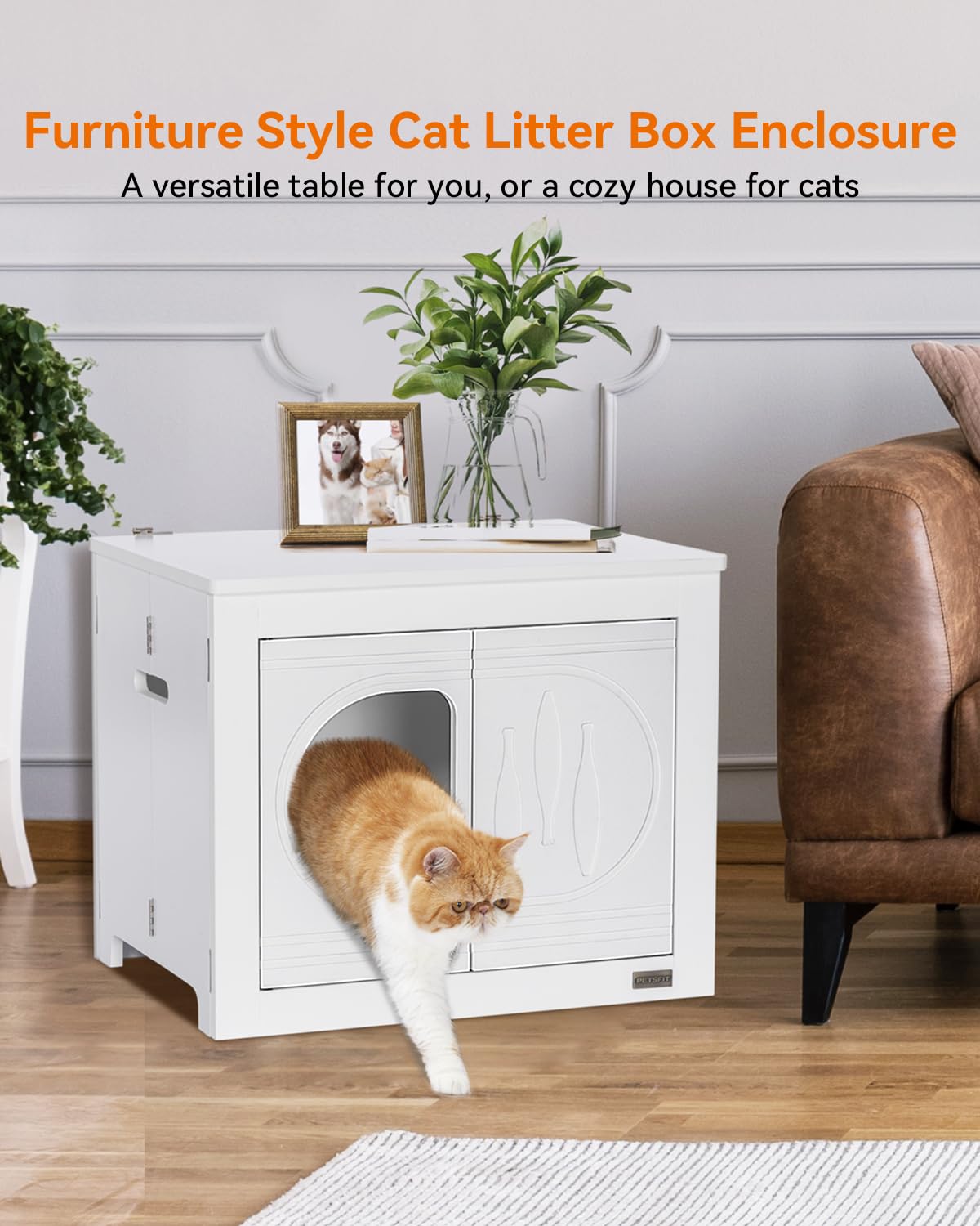 Petsfit Foldable Cat Litter Box Enclosure Furniture - No Assembly Needed, Multi-Functional Cat House & End Table, Fits Most Litter Boxes (White) | Perfect for Small Spaces, Living Rooms & Pet-Friendly Homes