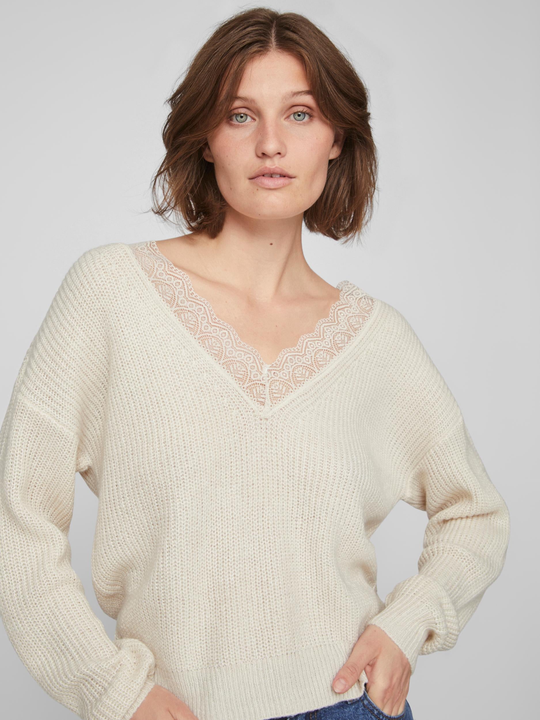 Lacy V-Neck Jumper Sweater for Women - Natural Melange Color, Soft & Comfortable Knit Pullover for Casual Wear, Office, and Date Nights