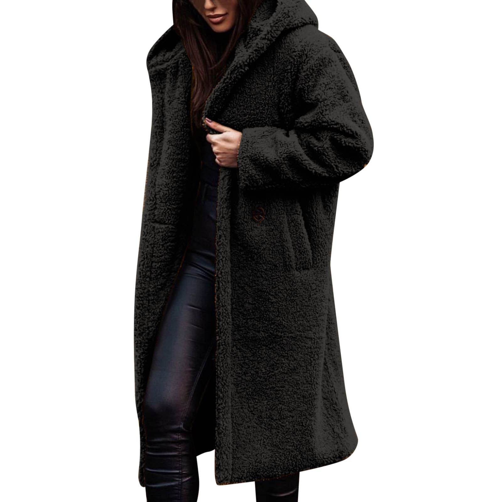 Women's White Fleece Winter Coat with Button Lapel - Long Plush Jacket for Cold Weather, Office Wear & Outdoor Activities