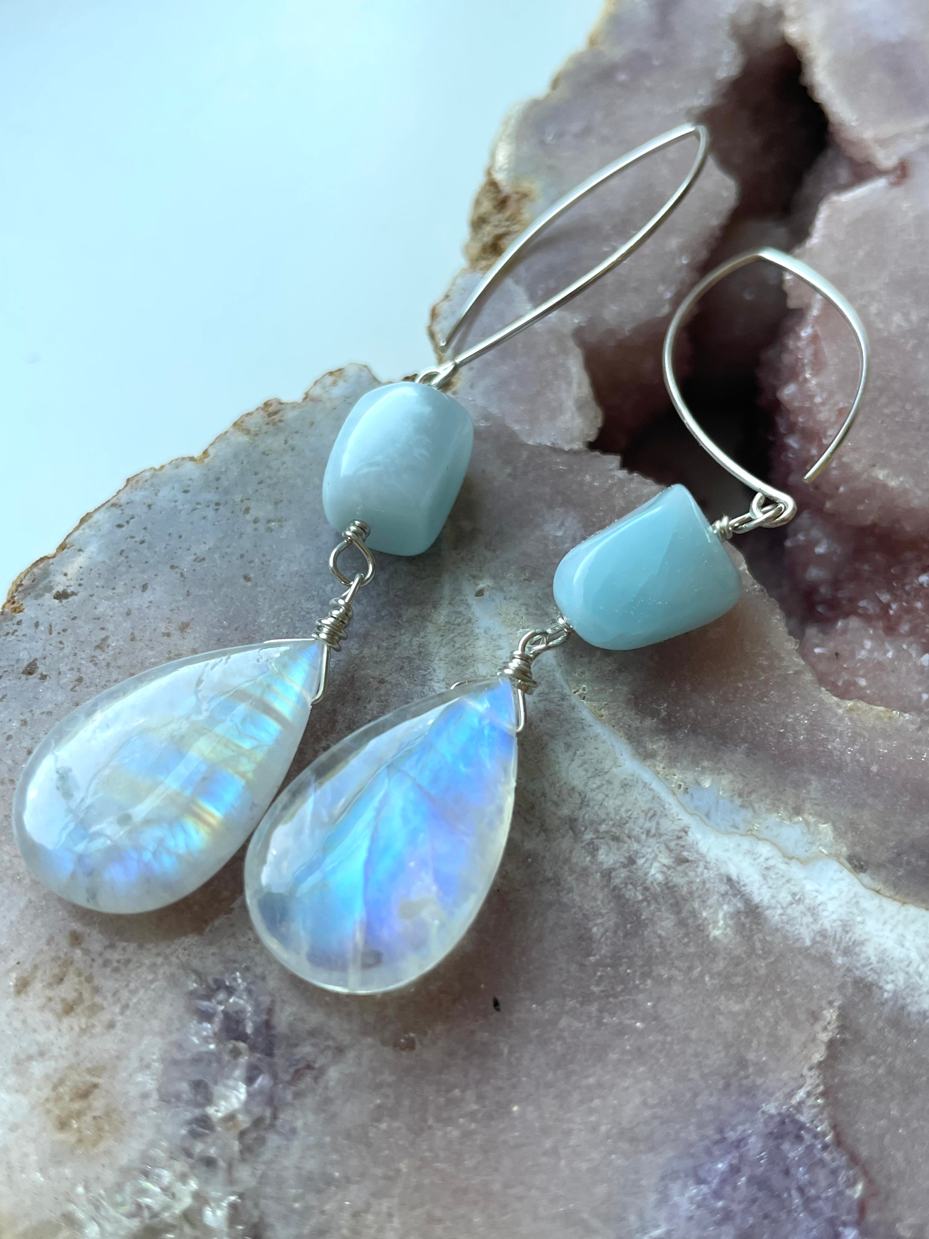 Long Larimar and Moonstone Earrings - Sterling Silver or Gold Filled Dangle Earrings for Women | Perfect for Weddings, Parties & Boho Fashion