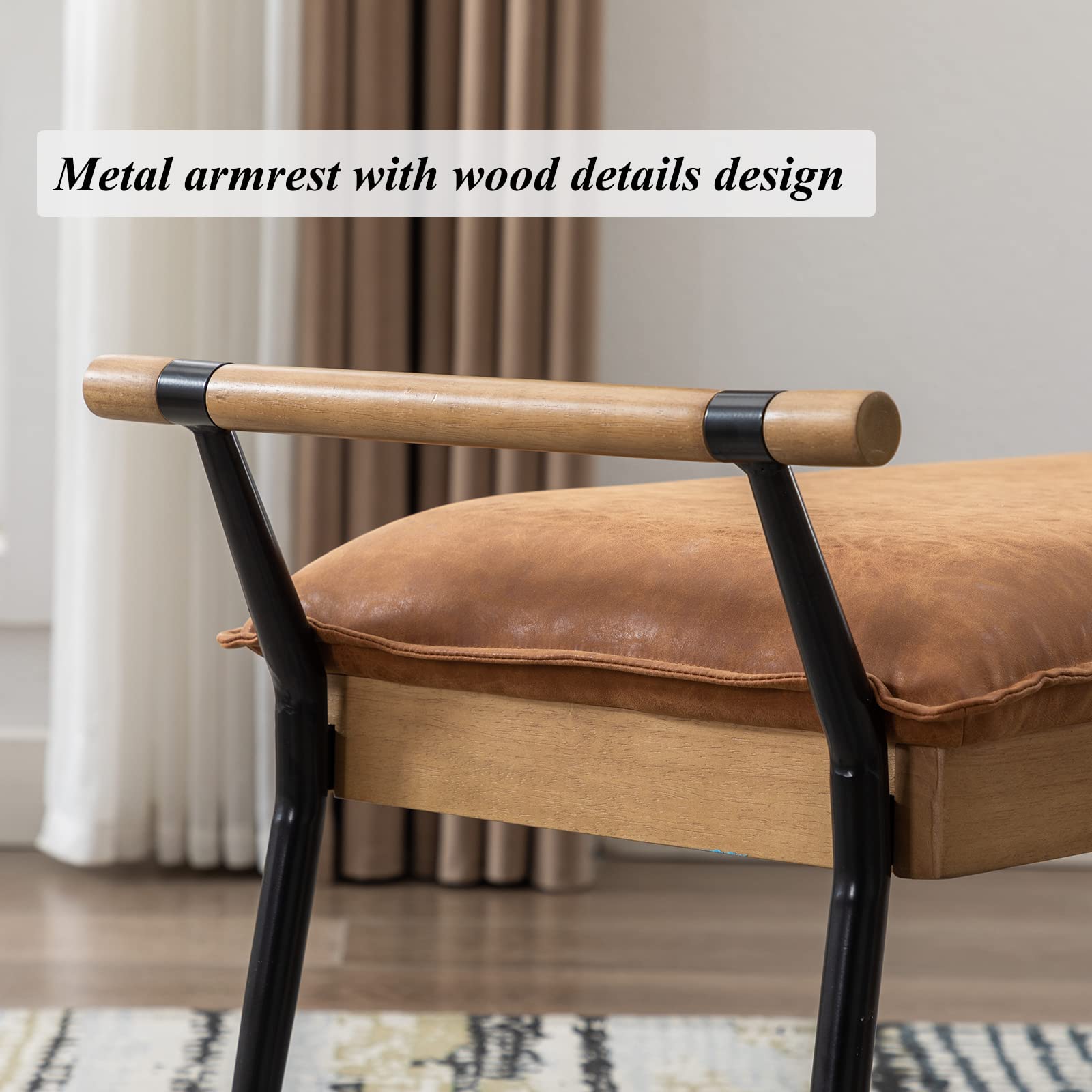Modern Rectangle Ottoman Bench with Arms & Metal Legs - Mid Century PU Dining Table Bench, Footstool & Entryway Shoe Storage - Perfect for Living Room, Bedroom & Dining Room - Brown