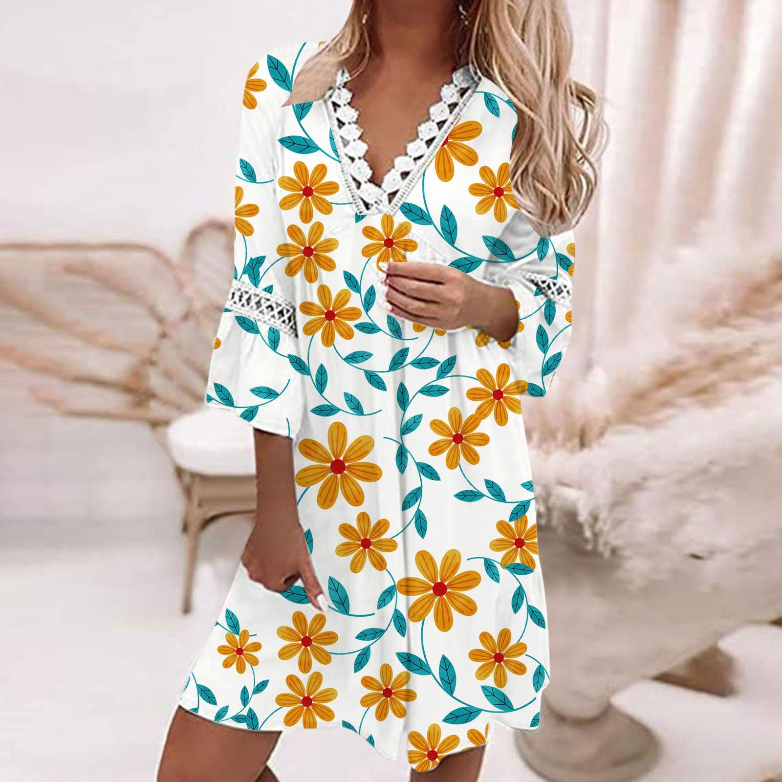 Aniywn Women's Boho Summer Dresses 2024 - Floral Print V-Neck Drawstring Mini Sundress with Lantern Sleeves | Beach Vacation, Outdoor Picnic, Casual Wear