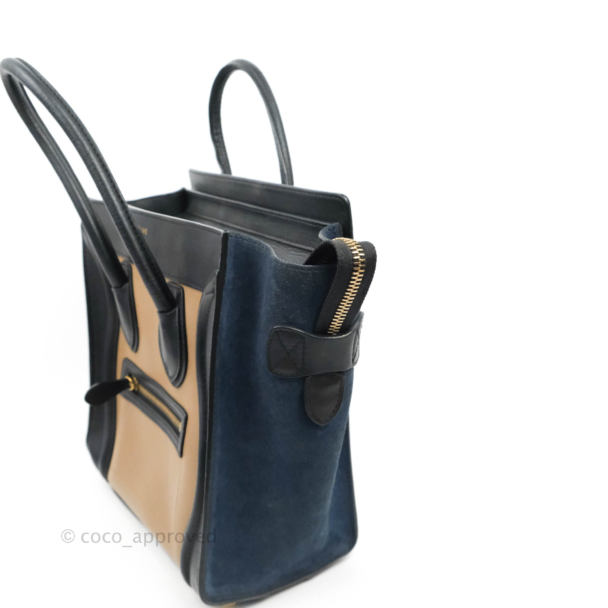 Celine Micro Luggage Bag in Navy, Beige & Black Calfskin Leather - Perfect for Travel, Work & Everyday Luxury Handbag