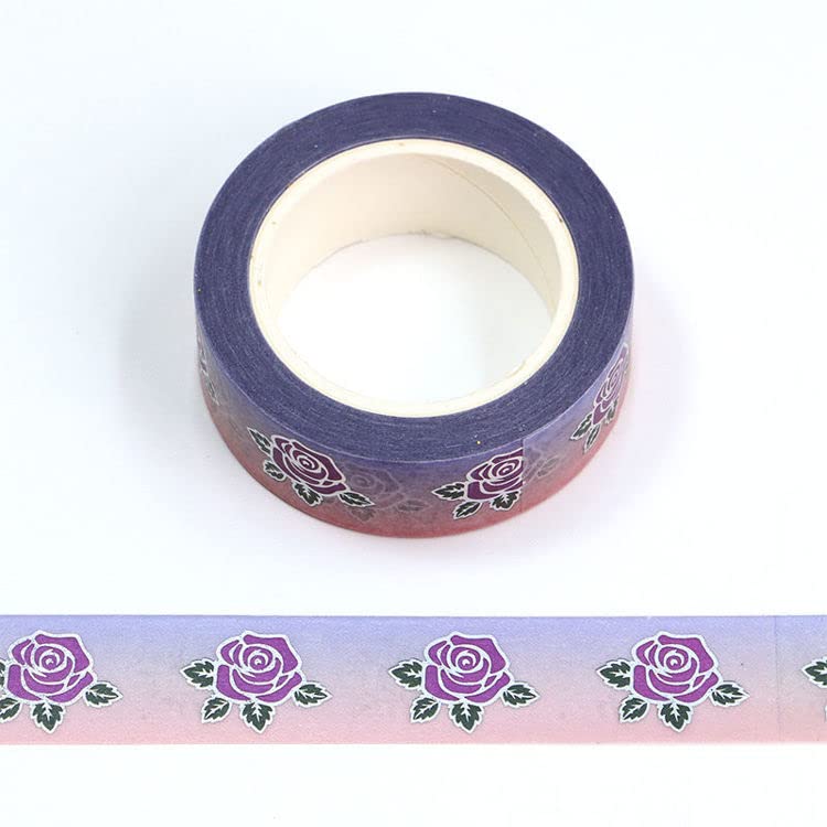 Syntego Silver Foil and Purple Rose Floral Washi Tape - 15mm x 10m Decorative Masking Tape for Scrapbooking, Journaling, Gift Wrapping & DIY Crafts