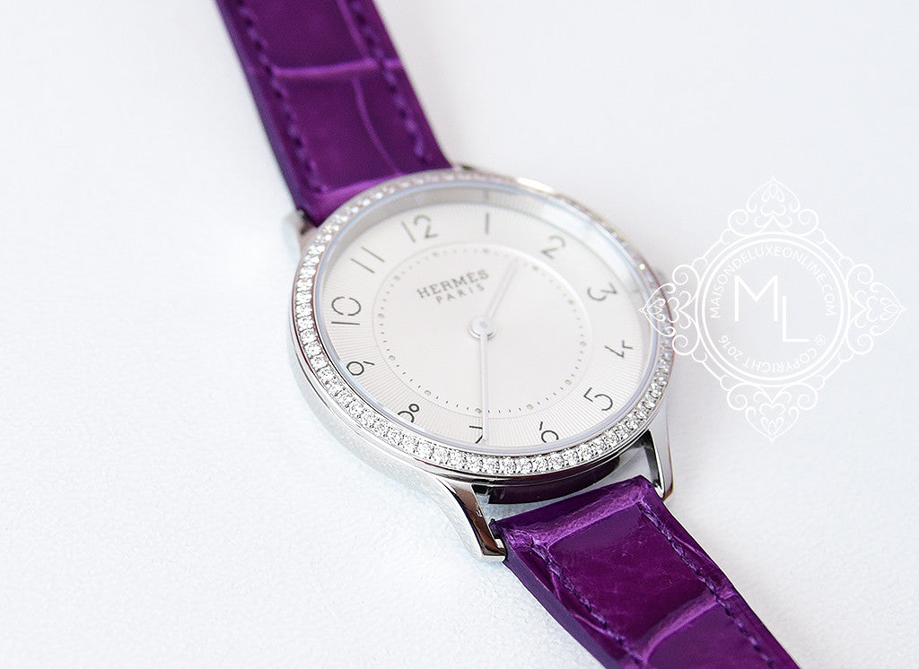 Hermes Diamond Slim d'Hermès Purple Crocodile Watch MM - Luxury Women's Wristwatch for Formal Events & Special Occasions