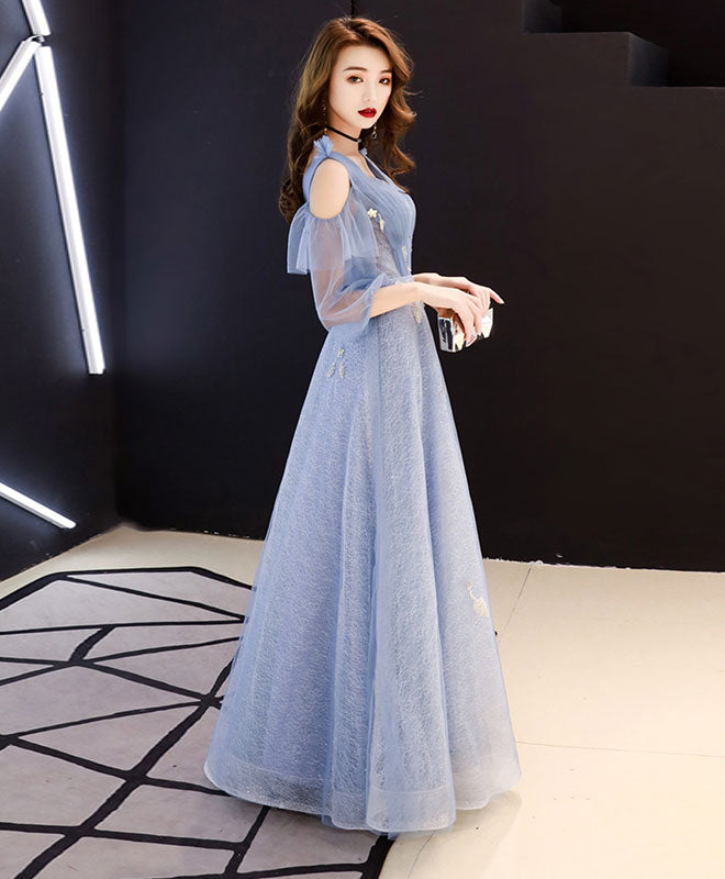 Elegant Blue V-Neck Tulle Lace Long Prom Dress | Formal Evening Gown for Women | Perfect for Homecoming, Wedding Guest & Special Occasions