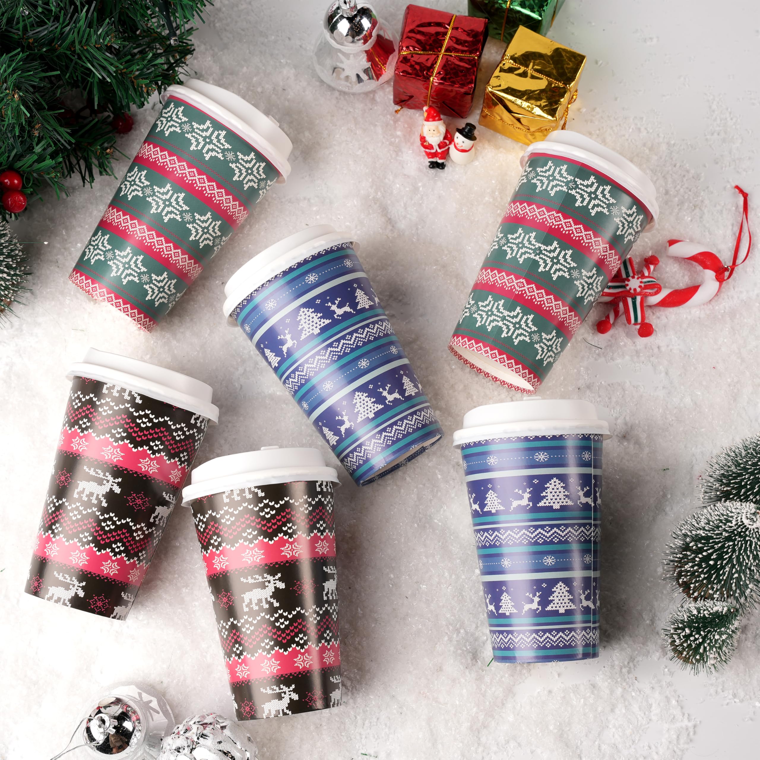 JOYIN 72-Pack Christmas Paper Cups with Sleeves & Lids - 16 oz Disposable Holiday Cups for Hot Chocolate, Coffee & Cold Drinks - 4 Festive Designs - Perfect for Christmas Parties, Office Celebrations & Family Gatherings