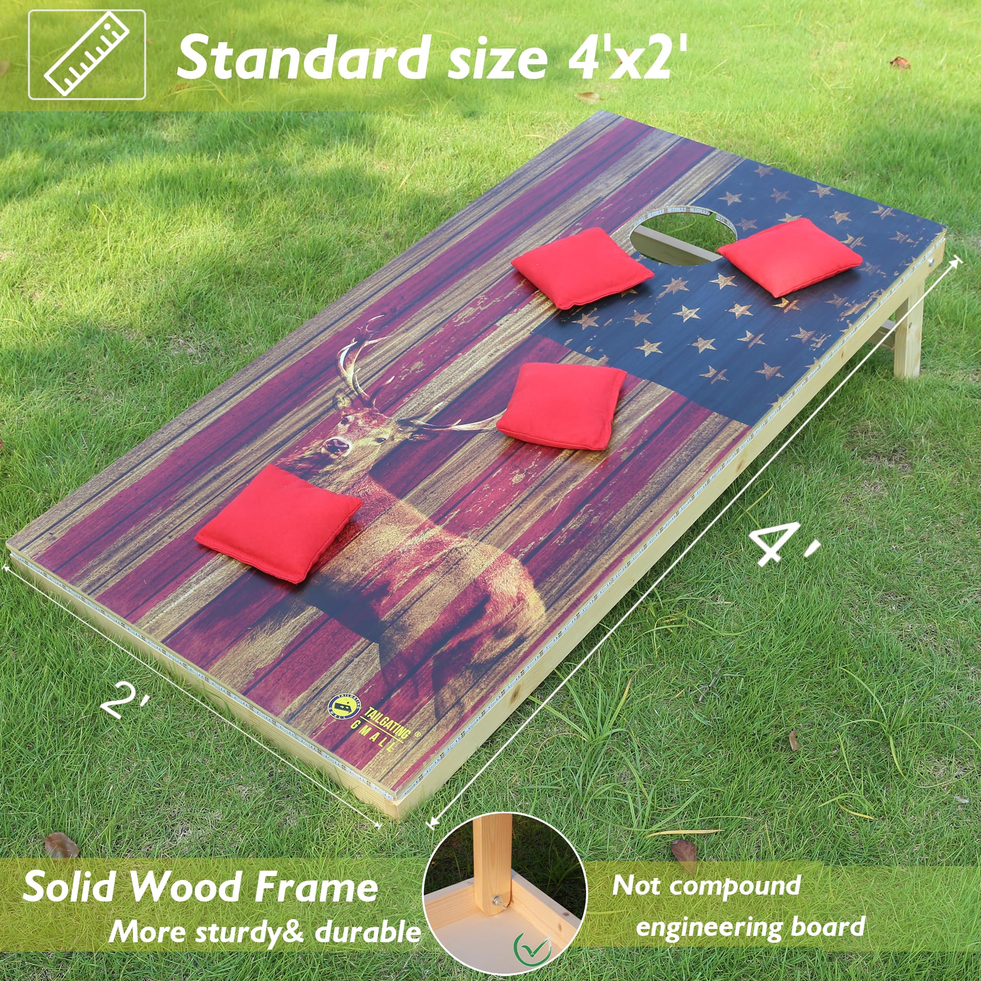 4FTx2FT LED Cornhole Board Set - Solid Wood Regulation Size Cornhole Game with LED Lights & 8 Bean Bags (USA Flag & Deer Design) - Perfect for Backyard Parties, Tailgating, and Outdoor Family Fun