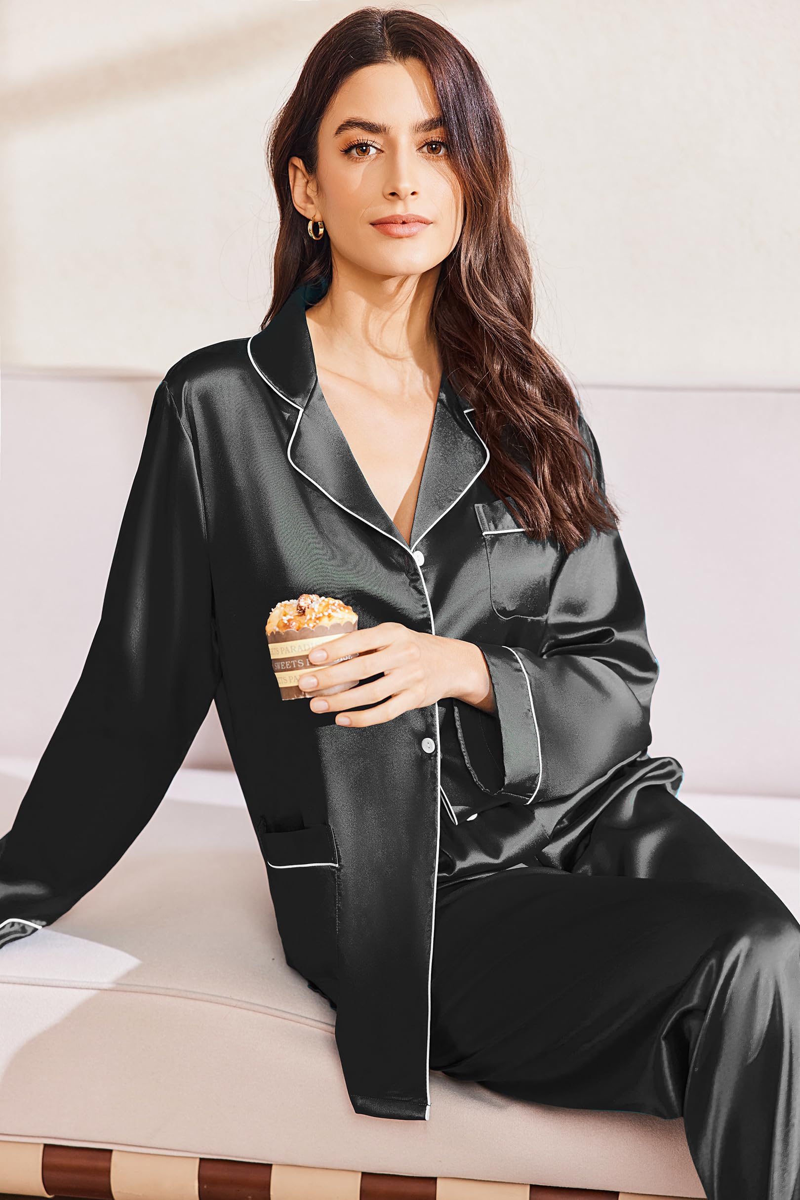 Ekouaer Women's Silk Pajama Set - Classic Button Down Satin Sleepwear with Long Sleeves for Lounge & Relaxation | Perfect for Sleepovers, Spa Days & Cozy Nights at Home