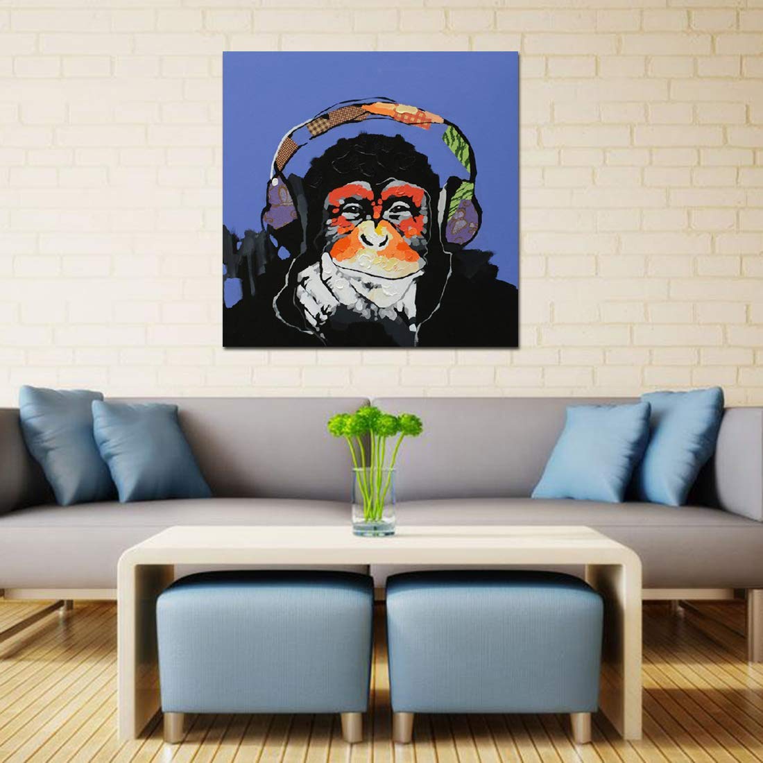 Hand-Painted Gorilla with Headphone Oil Painting Canvas Wall Art - Large 32x32 Inch Stretched Ready to Hang - Perfect for Living Room, Game Room & Office Decor - Unique Blue Animal Artwork for Music Lovers