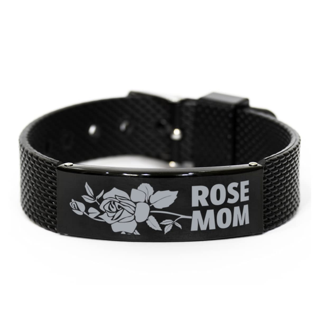 Rose Mom Engraved Bracelet - Elegant Black Shark Mesh Wristband for Women, Perfect Gift for Christmas, Birthday, Mother's Day | Floral Jewelry for Rose Lovers & Gardeners