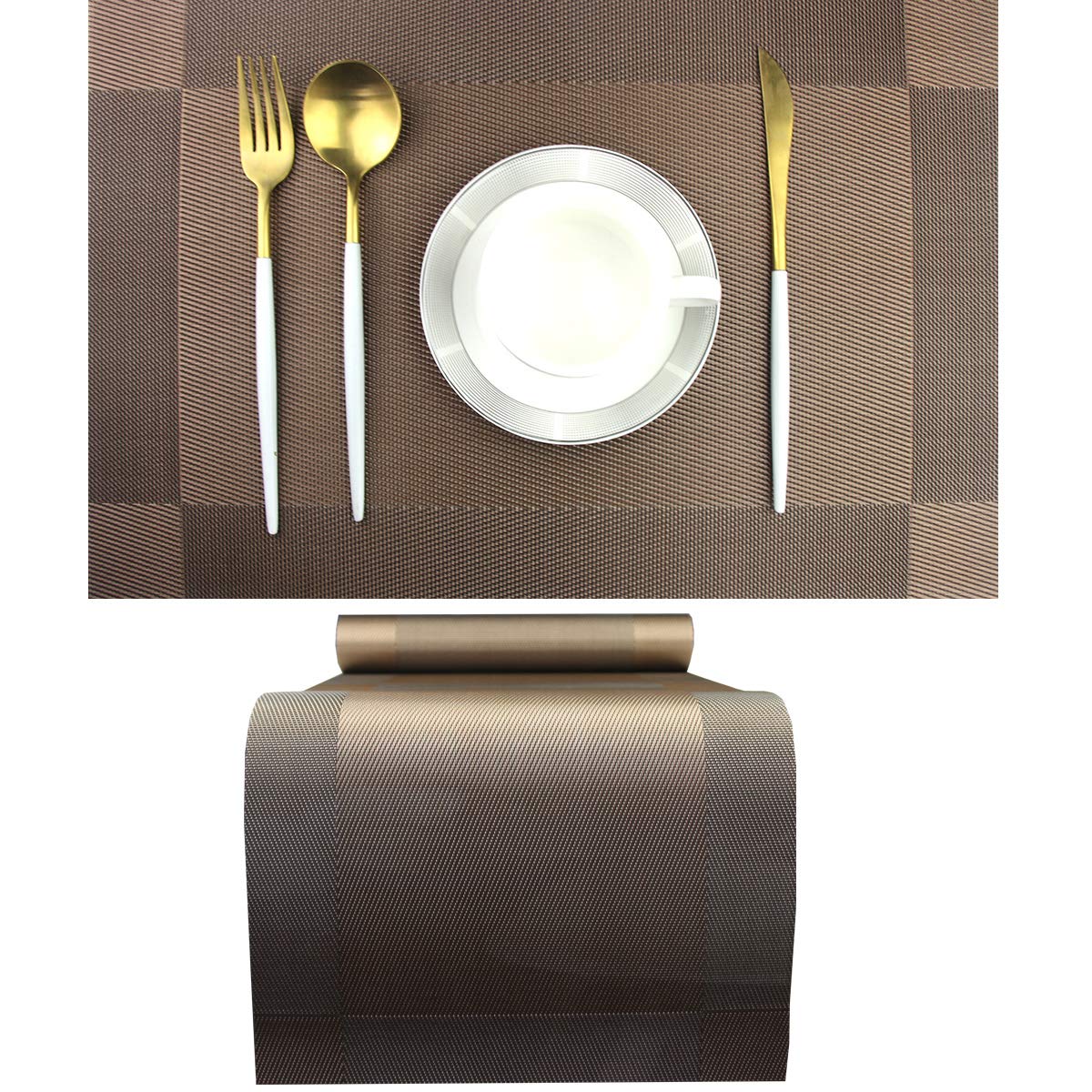 PIGCHCY Elegant Round Placemats Set with Matching Table Runner - 6pc Round Placemats + 1pc Table Runner in Chocolate Brown - Durable & Easy-Clean Dining Table Decor for Formal Dinners, Holiday Gatherings & Home Entertaining