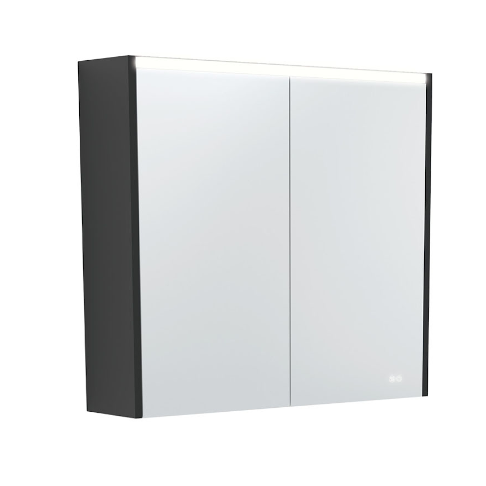 Fienza PSC750B 30-Inch LED Bathroom Mirror Cabinet with Touch Sensor - Satin Black Finish for Modern Vanity & Bathroom Decor