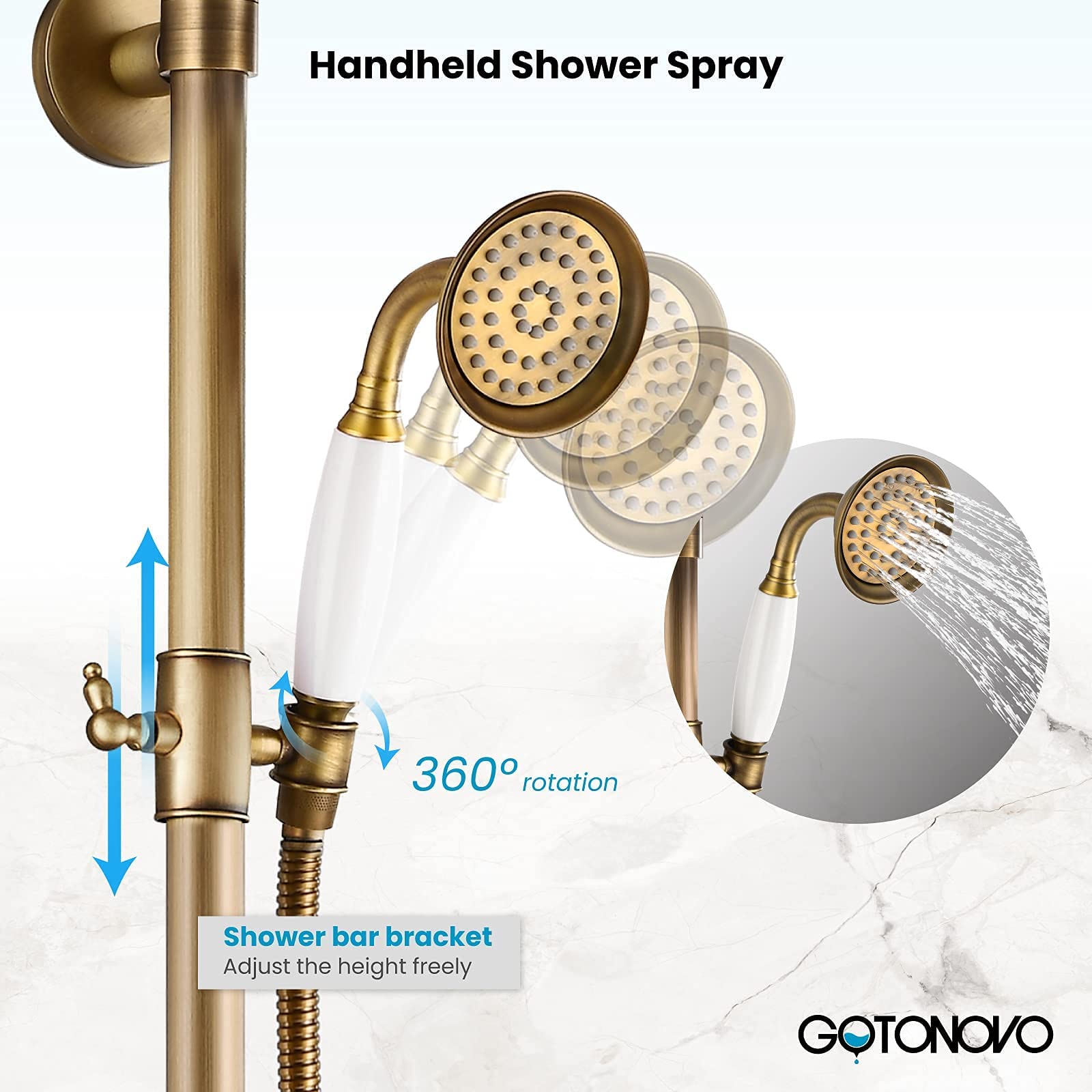 Gotonovo 8 Inch Rainfall Shower System - Antique Brass Exposed Shower Faucet with Tub Spout, Handheld Spray & Double Cross Handles for Bathroom & Outdoor Use - Perfect for Modern Homes, Spa Retreats and Poolside Showers