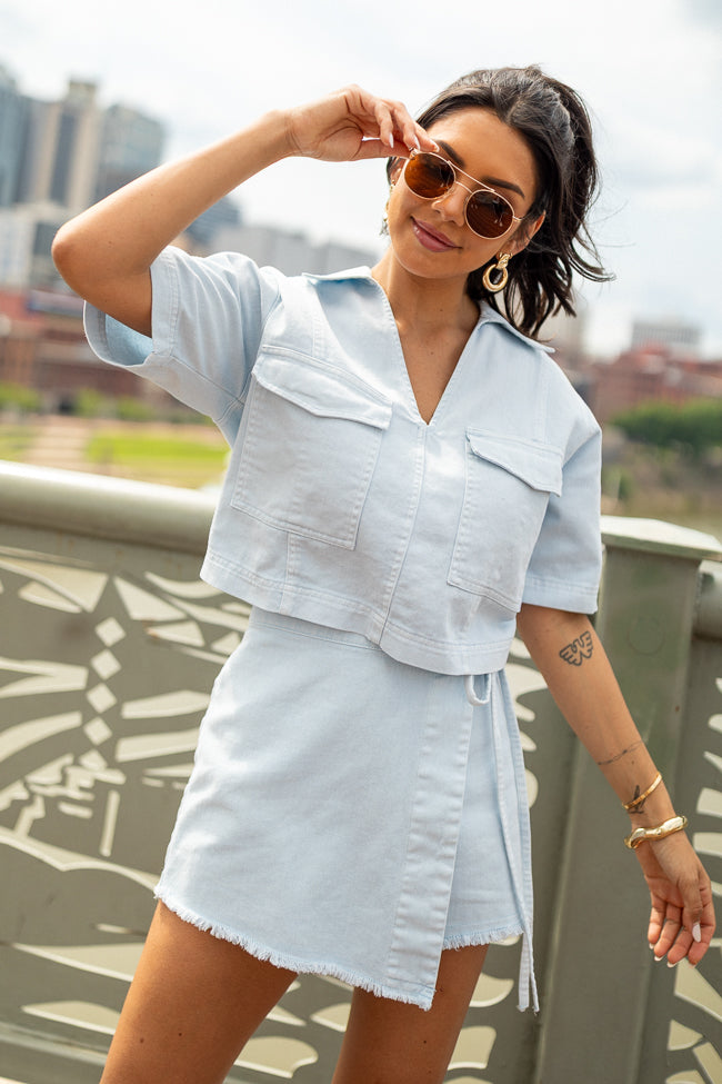 Trendy Ice Blue Cropped Denim Top for Women - Fashionable Streetwear & Summer Outfits | Perfect for Casual Wear, Beach Days & Music Festivals