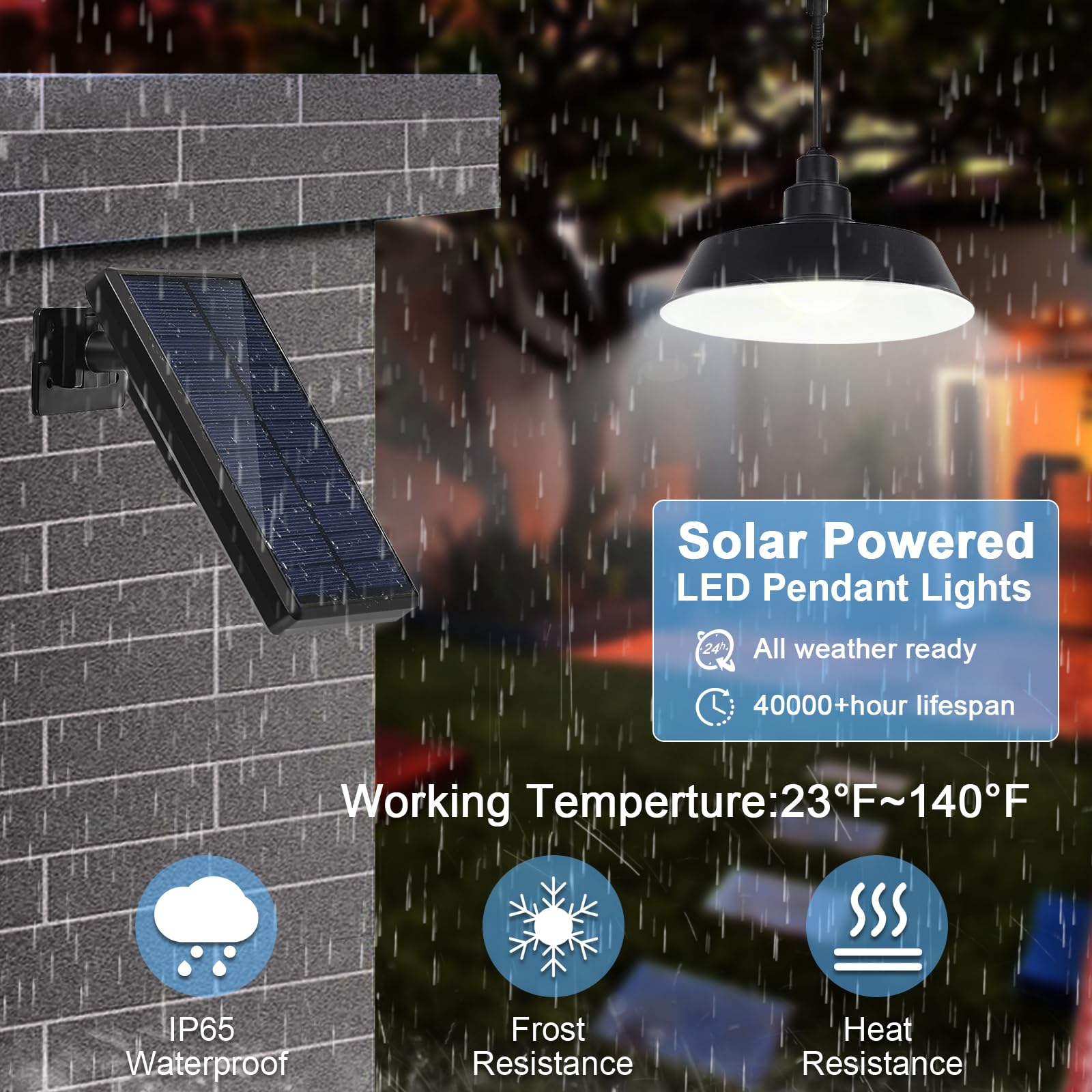 Solar Powered Outdoor Pendant Lights - 360° Adjustable Solar Panel, Dimmable Remote Control, 16.4ft Cable IP65 Waterproof - Perfect for Patio, Garage, Camping, Chicken Coop & Barn Lighting