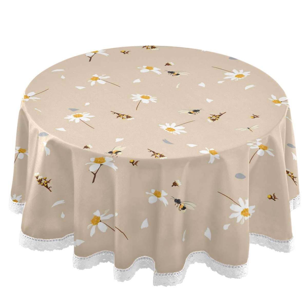 Elegant Bee Watercolor Polyester White Lace Round Tablecloth - 60 Inch Floral Meadow Design for Party, Wedding & Dinner Table Decor - Perfect for Spring Celebrations, Garden Parties & Romantic Dining