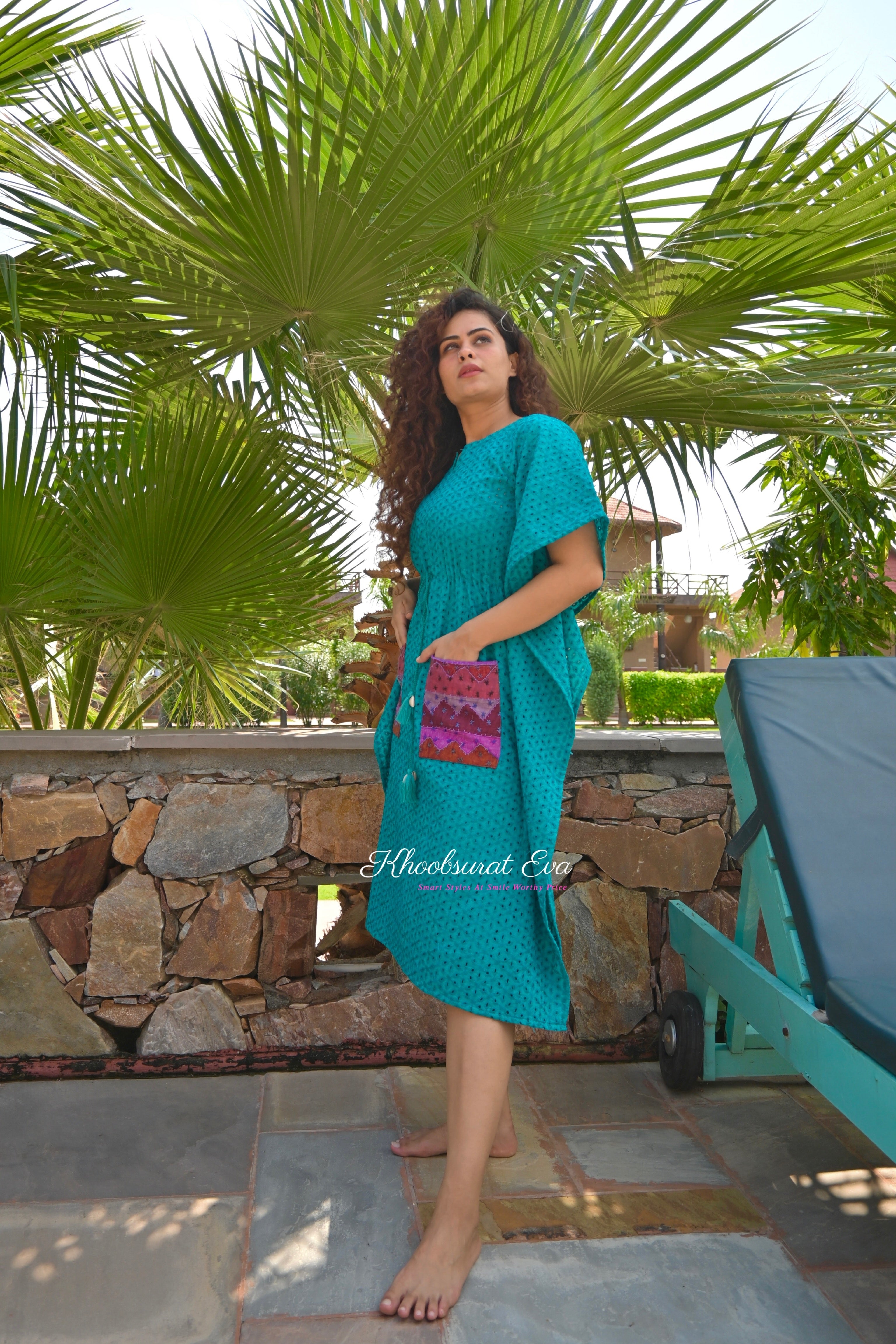 Exquisite Turquoise Chikankari Kaftan Dress for Women - Elegant Embroidered Long Maxi Dress - Perfect for Summer Beach, Boho Festival & Vacation Wear