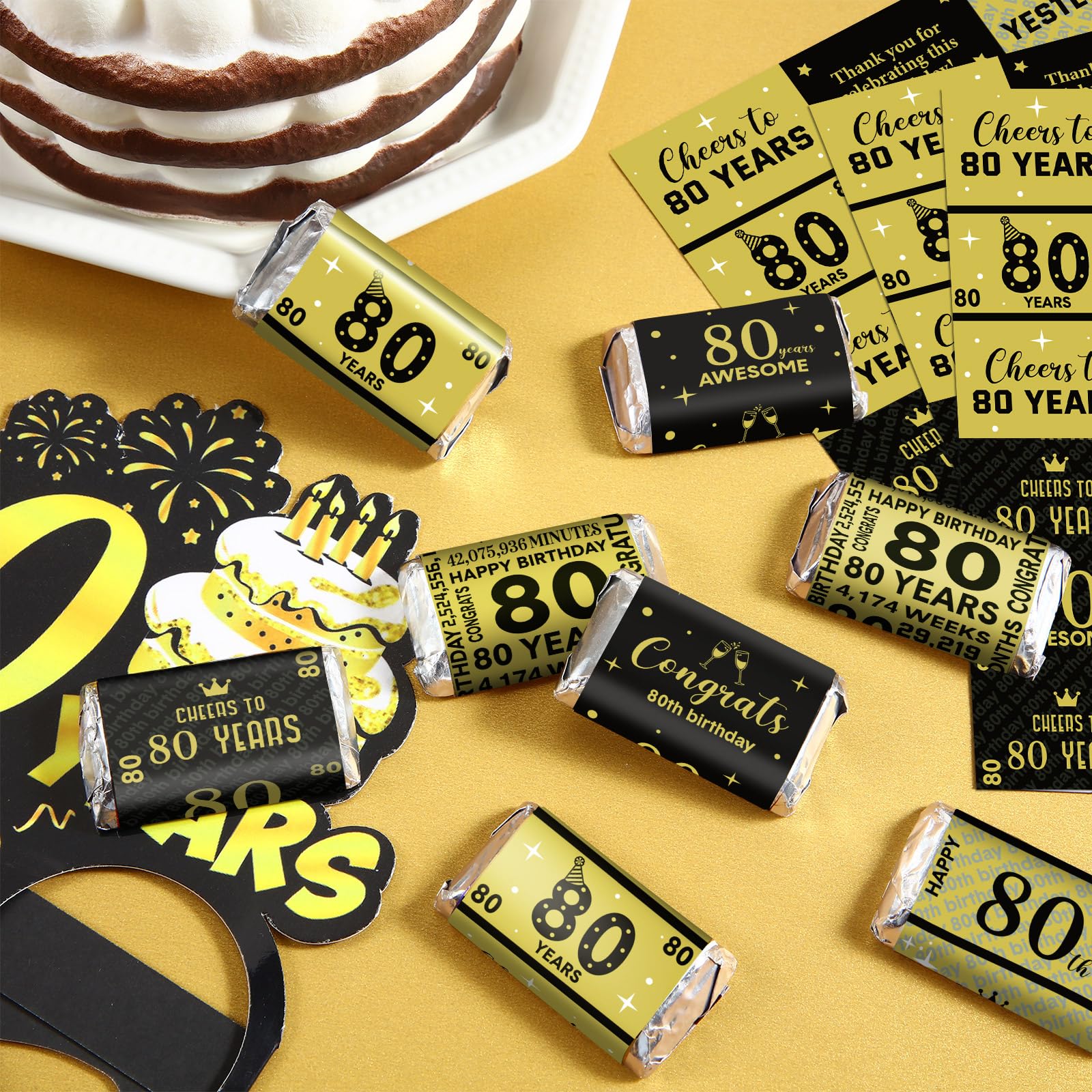 Tenare 90-Piece 80th Birthday Candy Bar Wrappers - Elegant Black & Gold Chocolate Decoration Labels for Anniversary & Birthday Party Supplies | Perfect for Milestone Celebrations, Retirement Parties & Golden Anniversary Decor