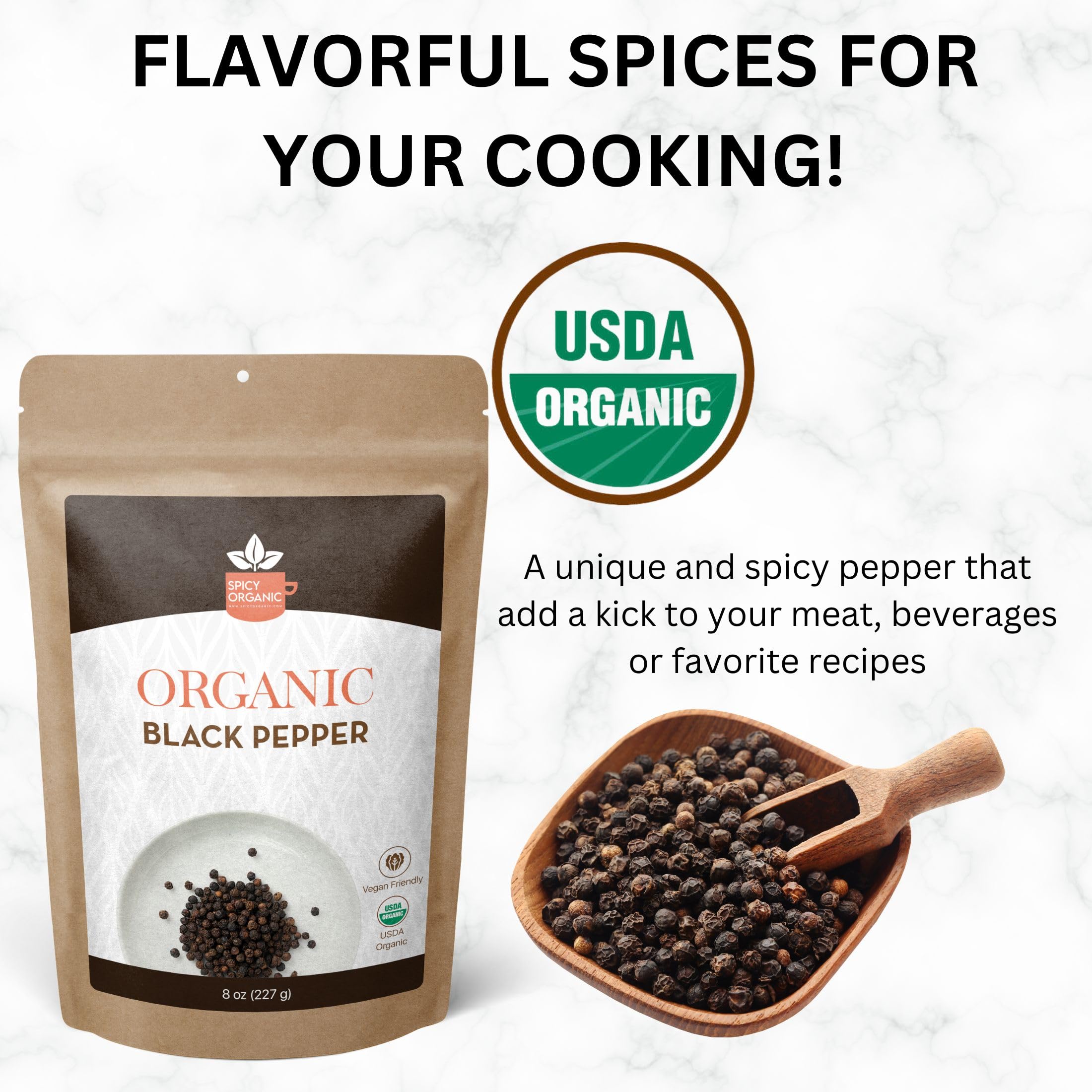 Organic Black Peppercorns Whole 8 oz - Premium Ceylon Quality, Fresh & Spicy Peppercorns for Pepper Grinder Refill - USDA Certified Organic, Gluten-Free, Kosher - Perfect for Cooking, Seasoning & Gourmet Dishes