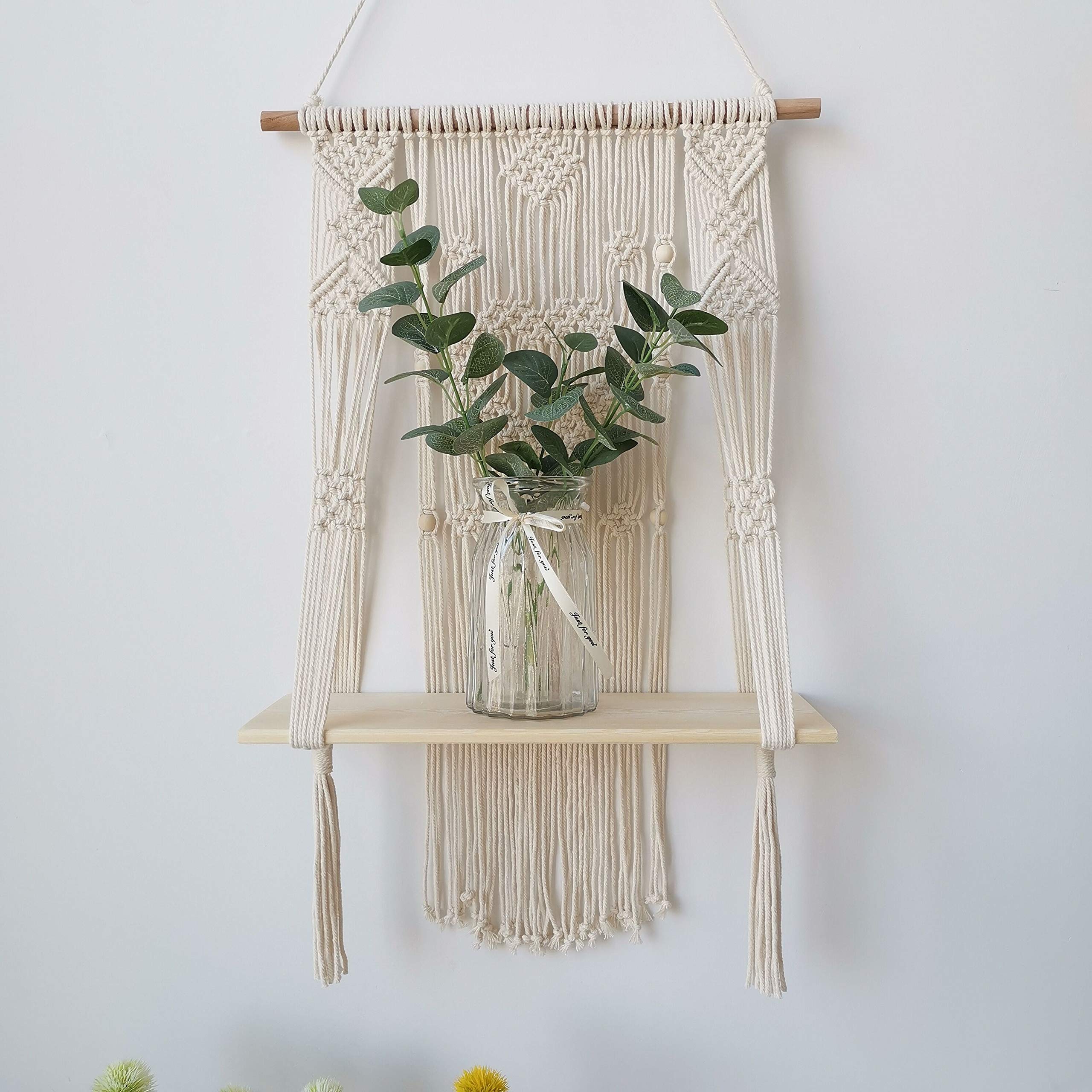 Bohemian Macrame Wall Hanging Shelf with Wood Floating Storage - Handmade Heart Design Home Decor for Living Room, Bedroom & Bathroom Organization