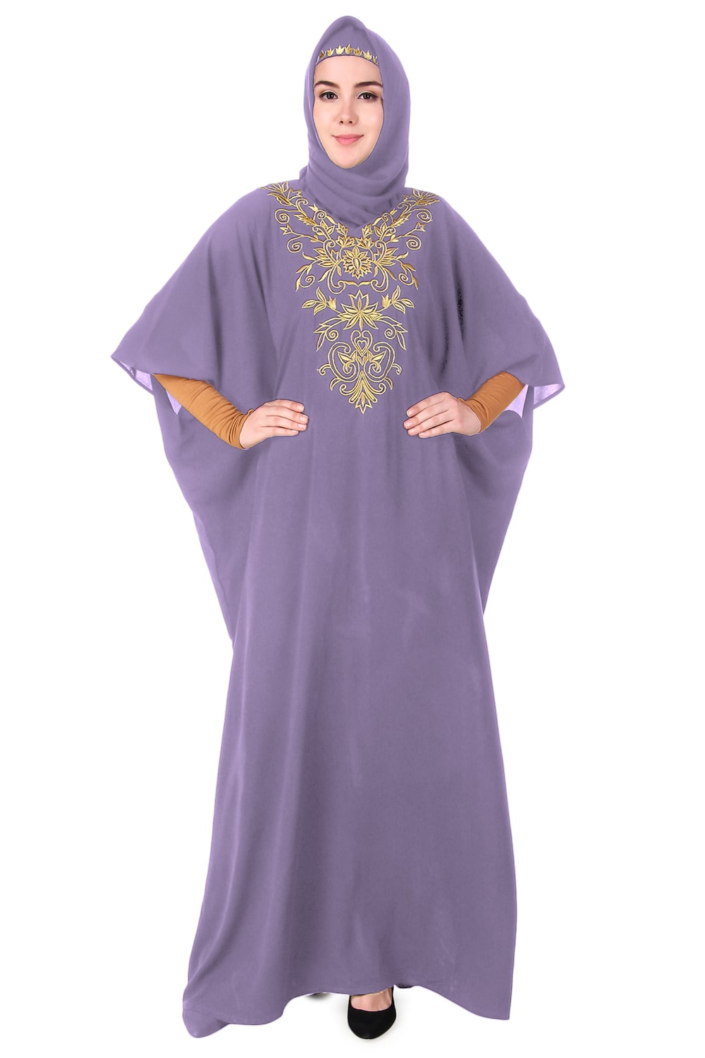 Embroidered Floral Gold Kaftan Dress for Women - Elegant Boho Maxi Dress for Beach, Party & Special Occasions